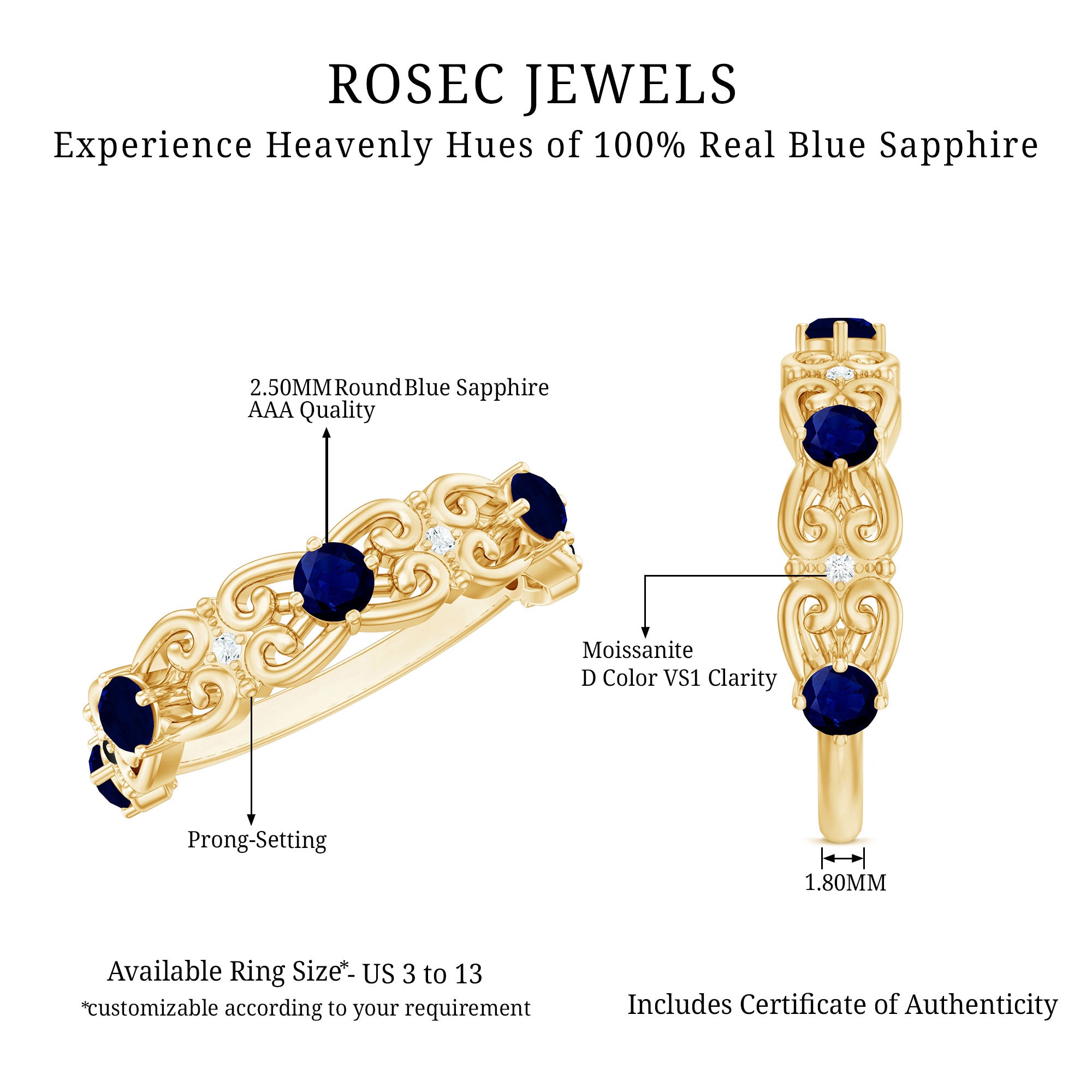 Blue Sapphire and Diamond Vintage Half Eternity Wedding Band AAA - Rosec Jewels