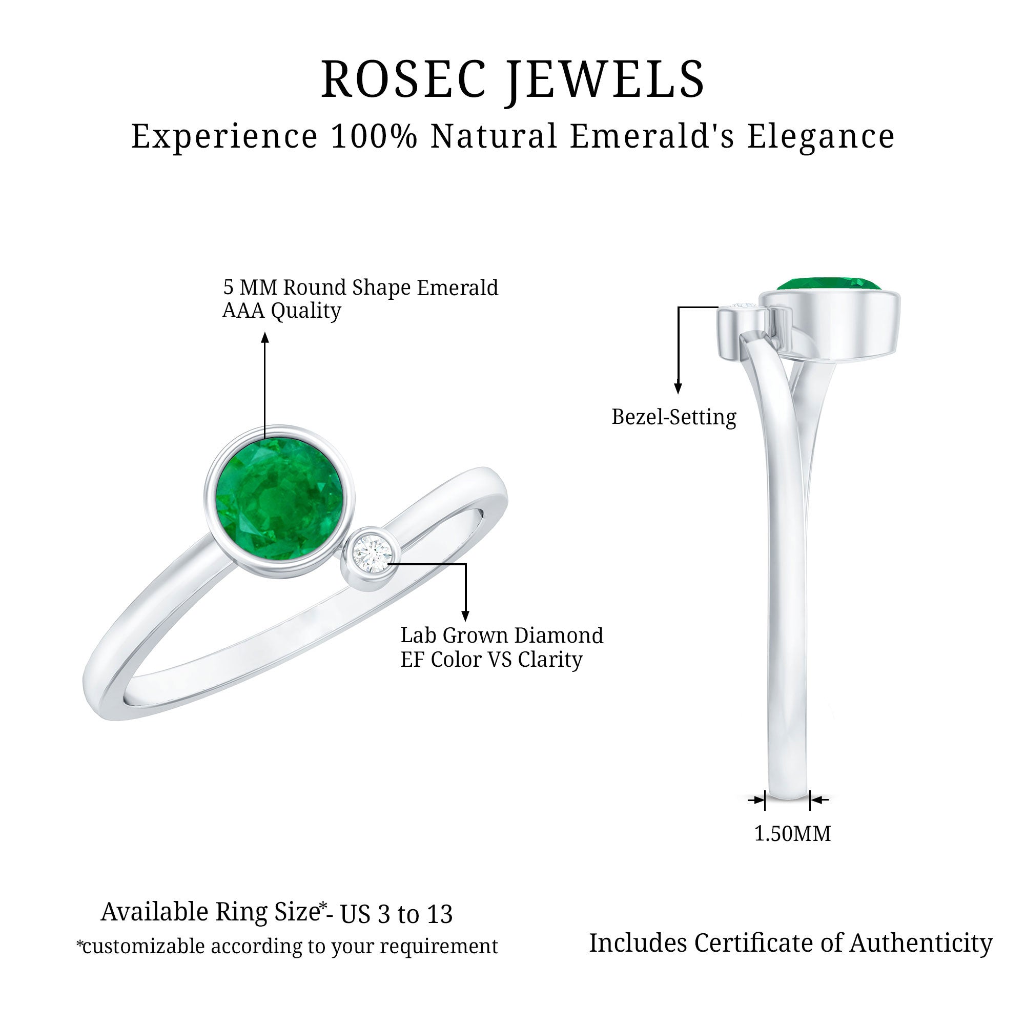 Bezel Set Emerald and Lab Diamond Two Stone Promise Ring AAA - Rosec Jewels