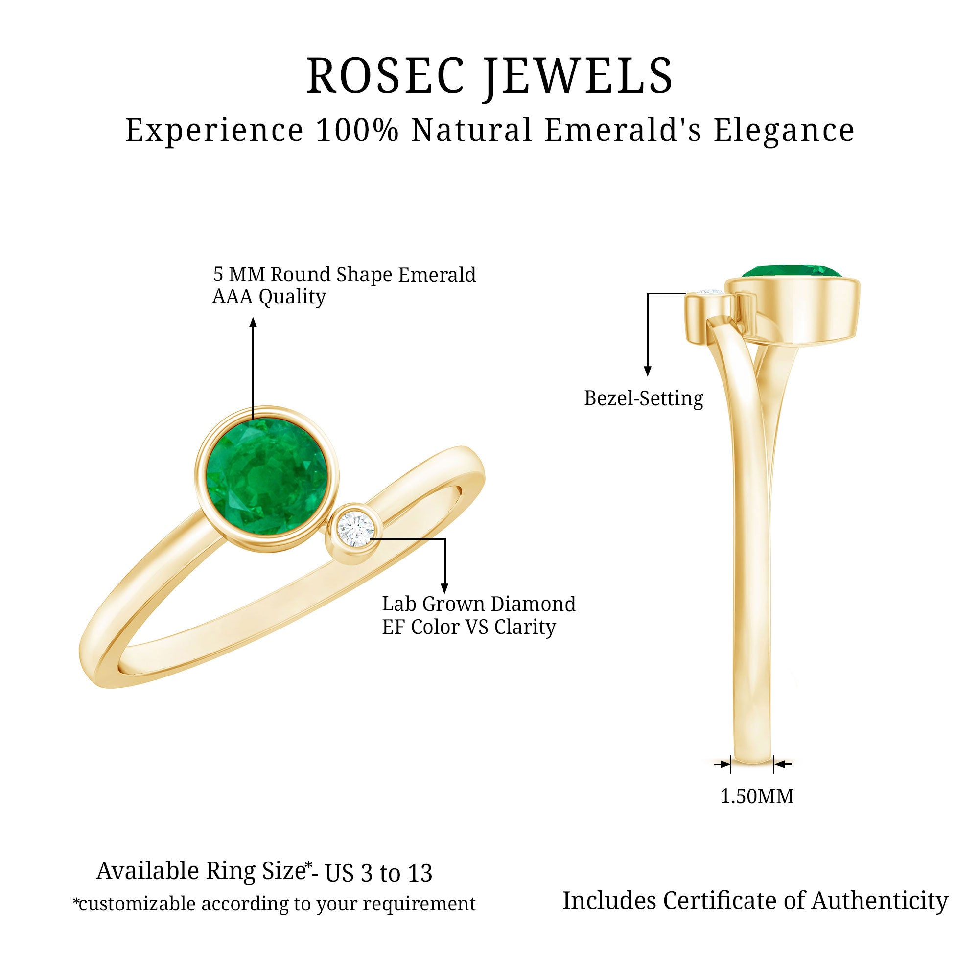 Bezel Set Emerald and Lab Diamond Two Stone Promise Ring AAA - Rosec Jewels