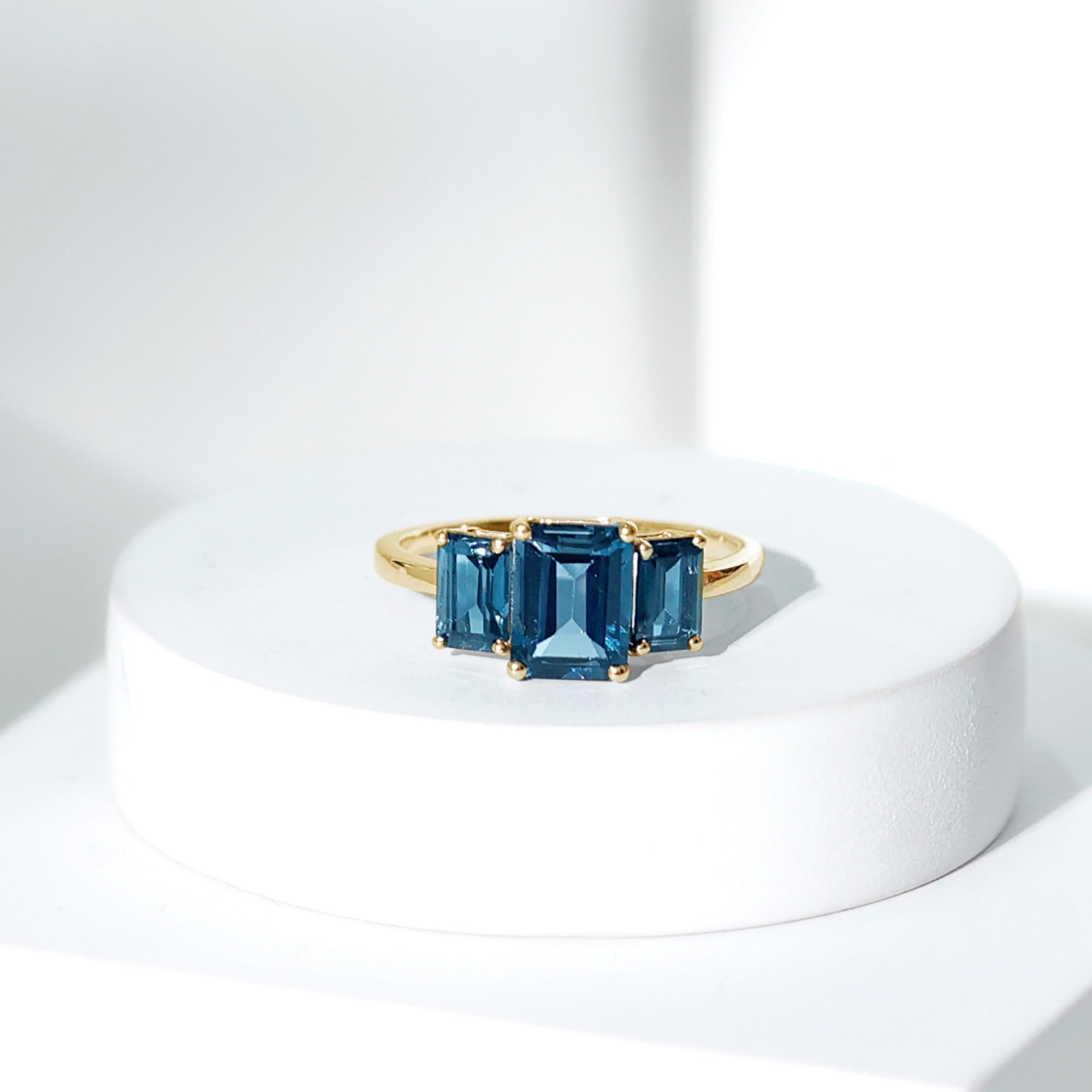 Emerald Cut London Blue Topaz Three Stone Engagement Ring AAA - Rosec Jewels