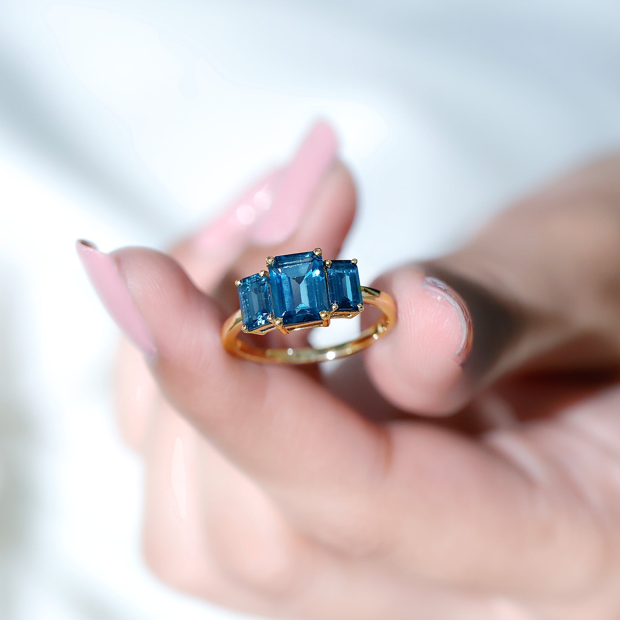 Emerald Cut London Blue Topaz Three Stone Engagement Ring AAA - Rosec Jewels