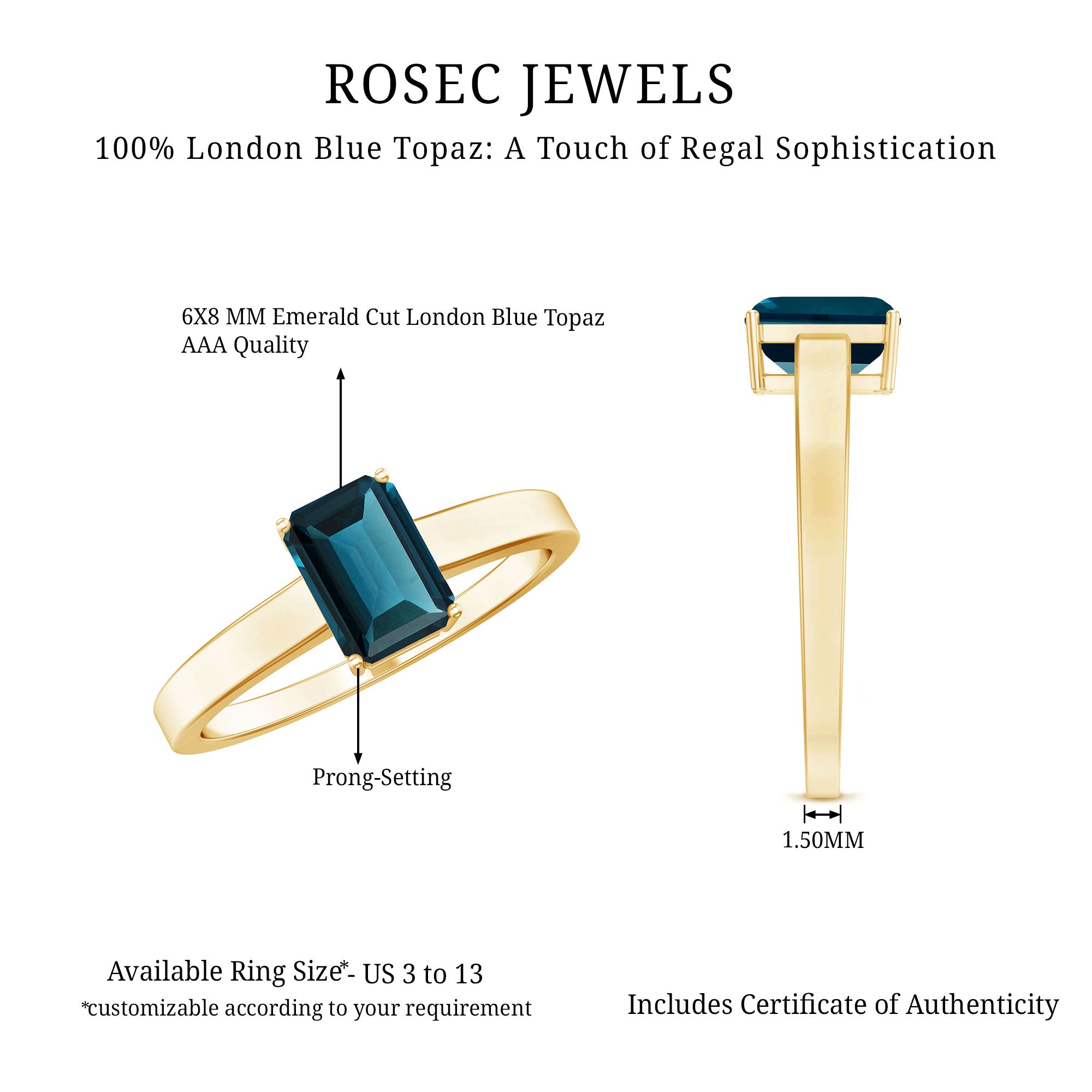 6X8mm Emerald Cut London Blue Topaz Solitaire Ring with Certificate AAA - Rosec Jewels