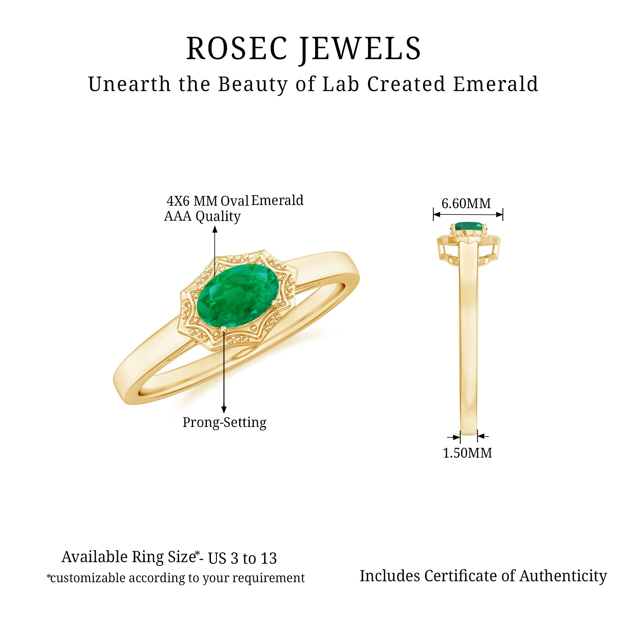 Rosec Jewels-Genuine Emerald Antique Looking Engagement Ring With Certificate