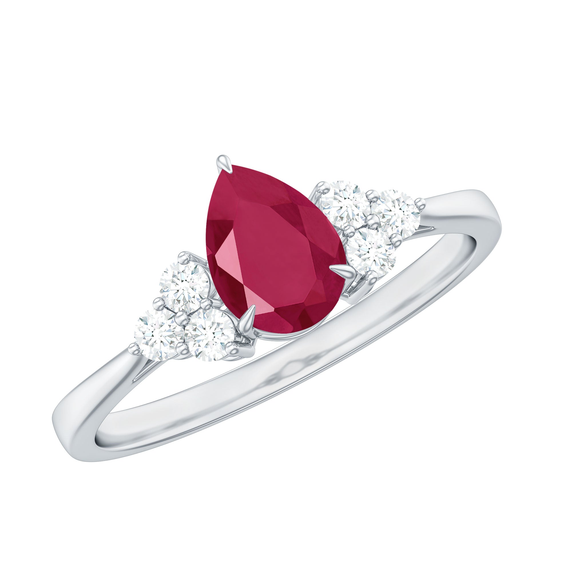 Claw Set Pear Cut Ruby Engagement Ring with Diamond Trio