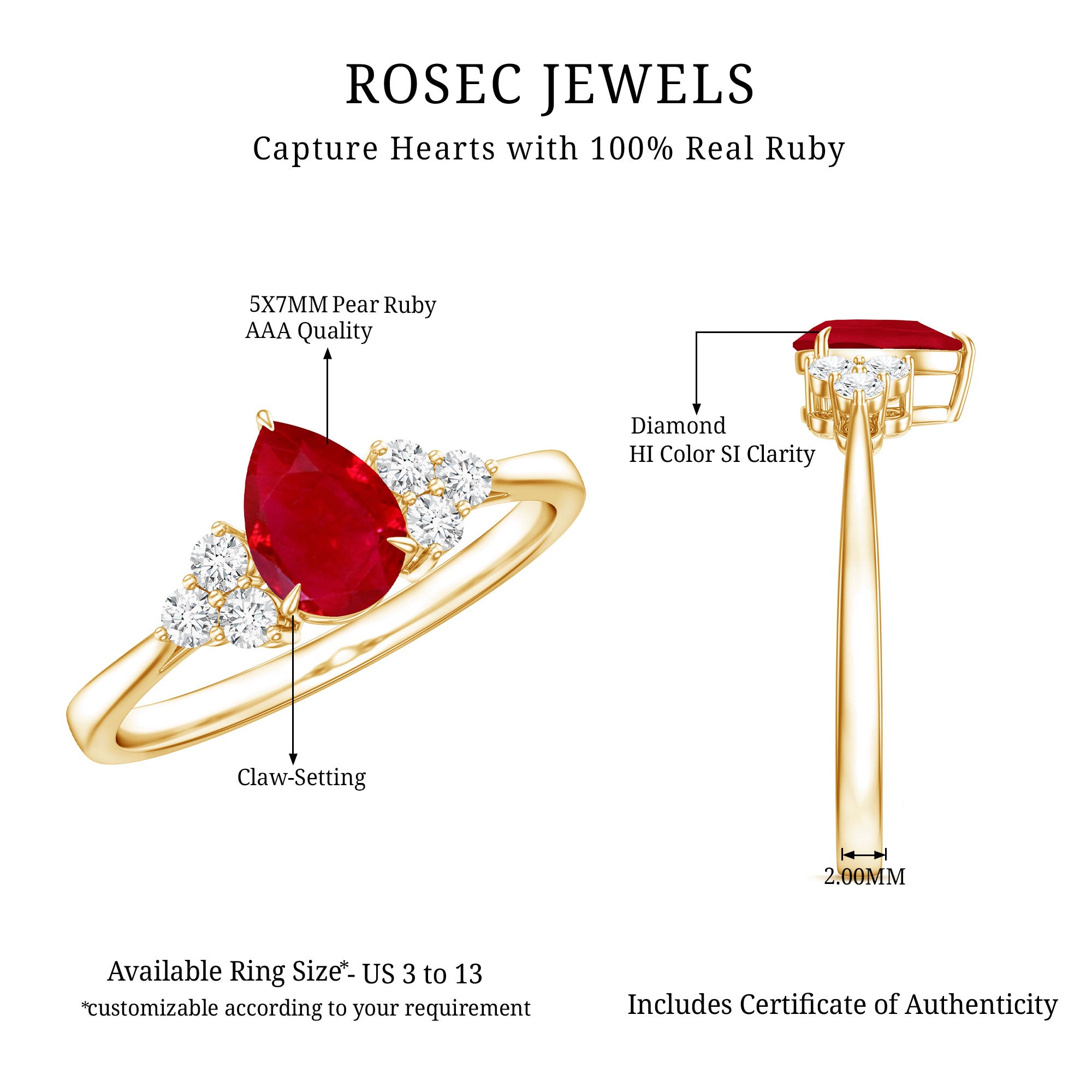 Natural 0.8 Carat Ruby Pear Shaped Engagement Ring with Diamond AAA - Rosec Jewels