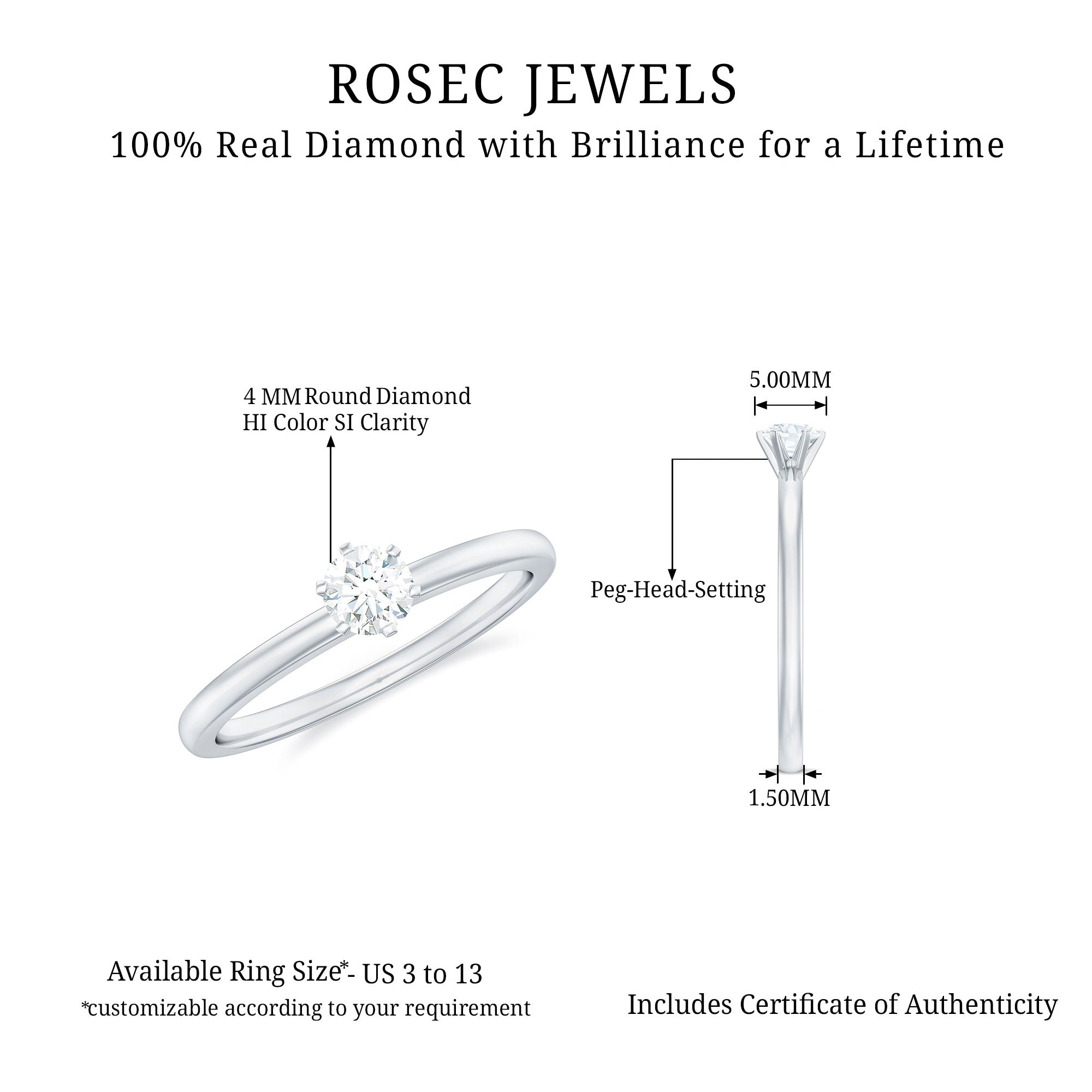 Peg Head Set Diamond Promise Ring for her Natural - ( HI-SI ) - Rosec Jewels