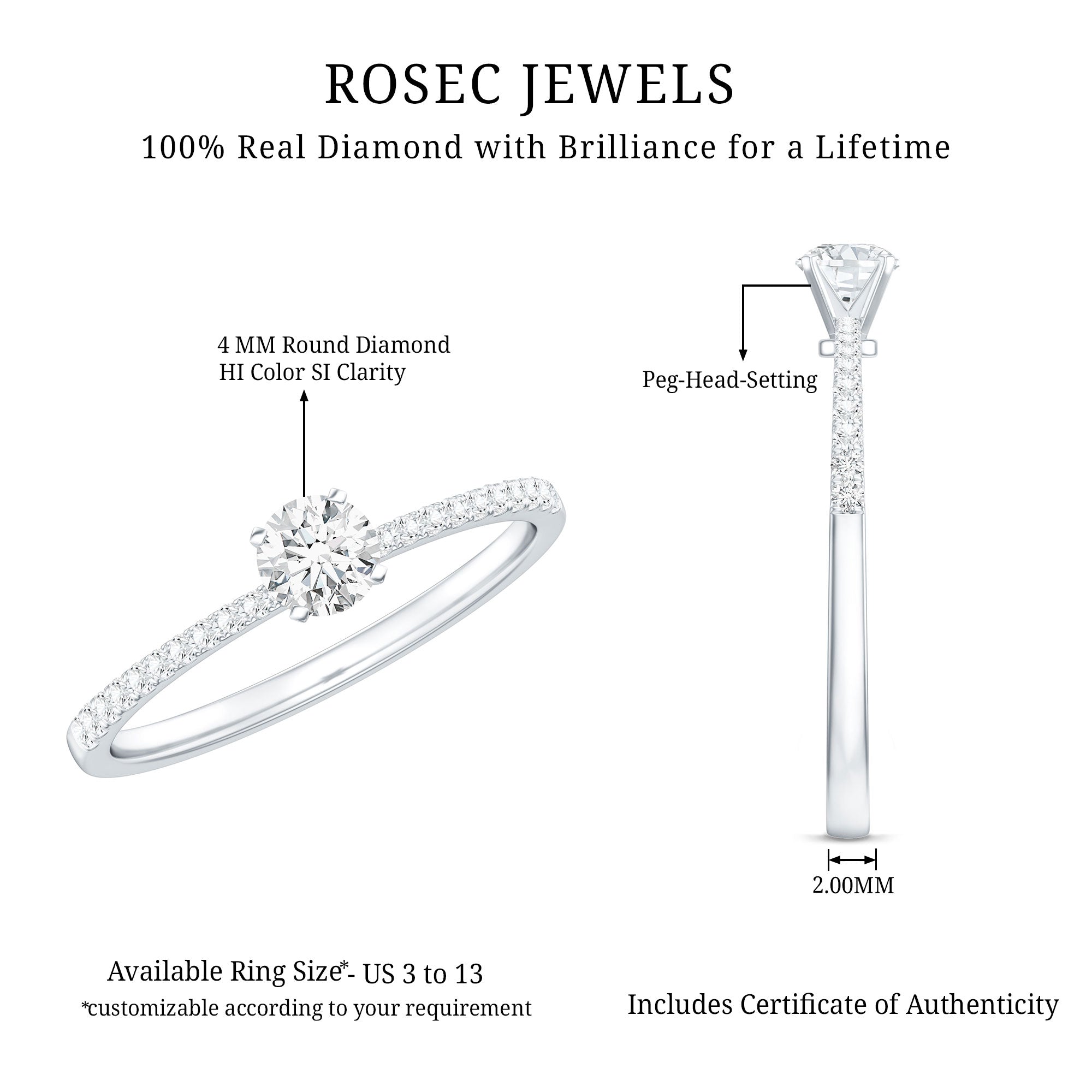 Natural Diamond Promise Ring with Side Stones Natural - ( HI-SI ) - Rosec Jewels