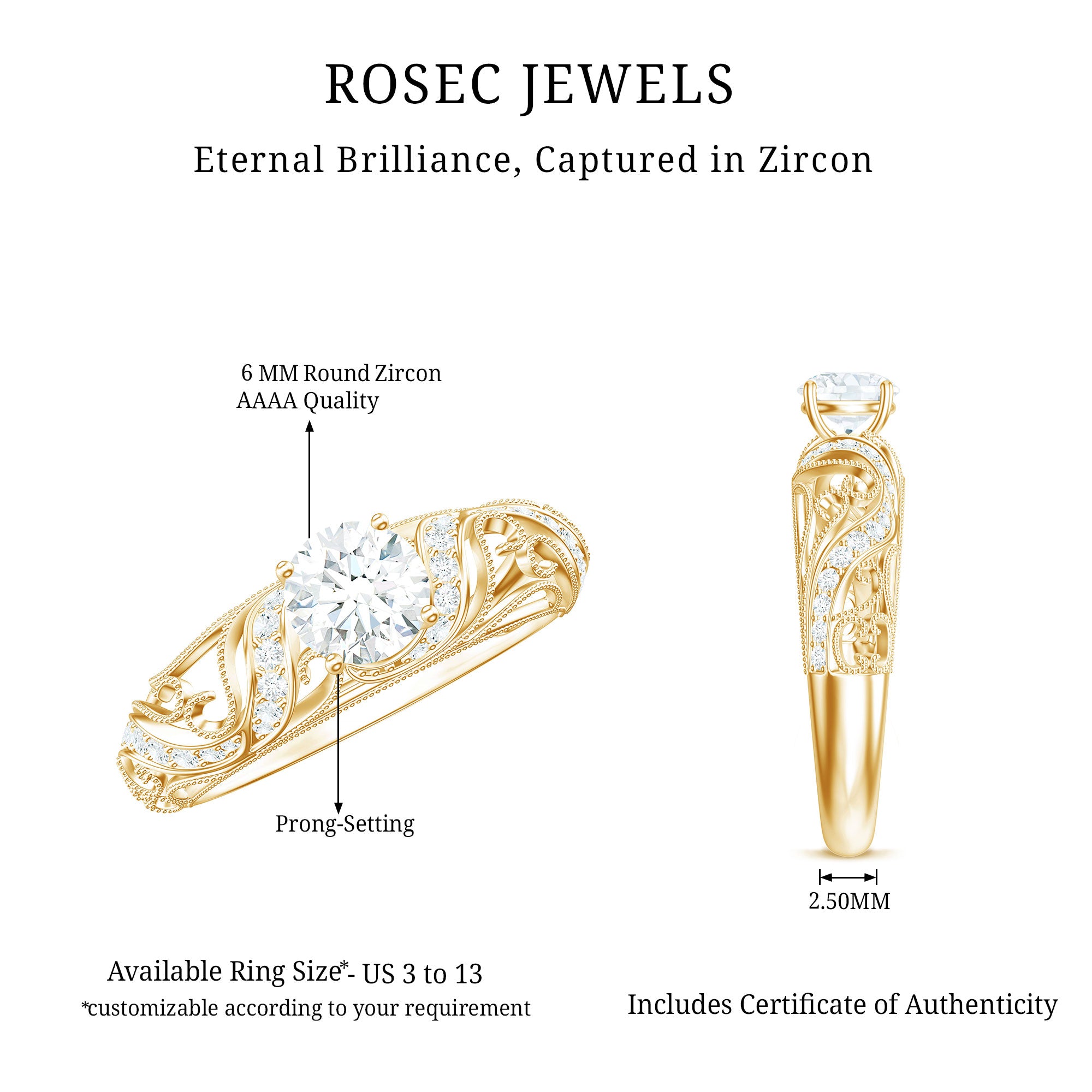 3/4 CT Cubic Zirconia Vintage Inspired Engagement Ring AAAA - Rosec Jewels