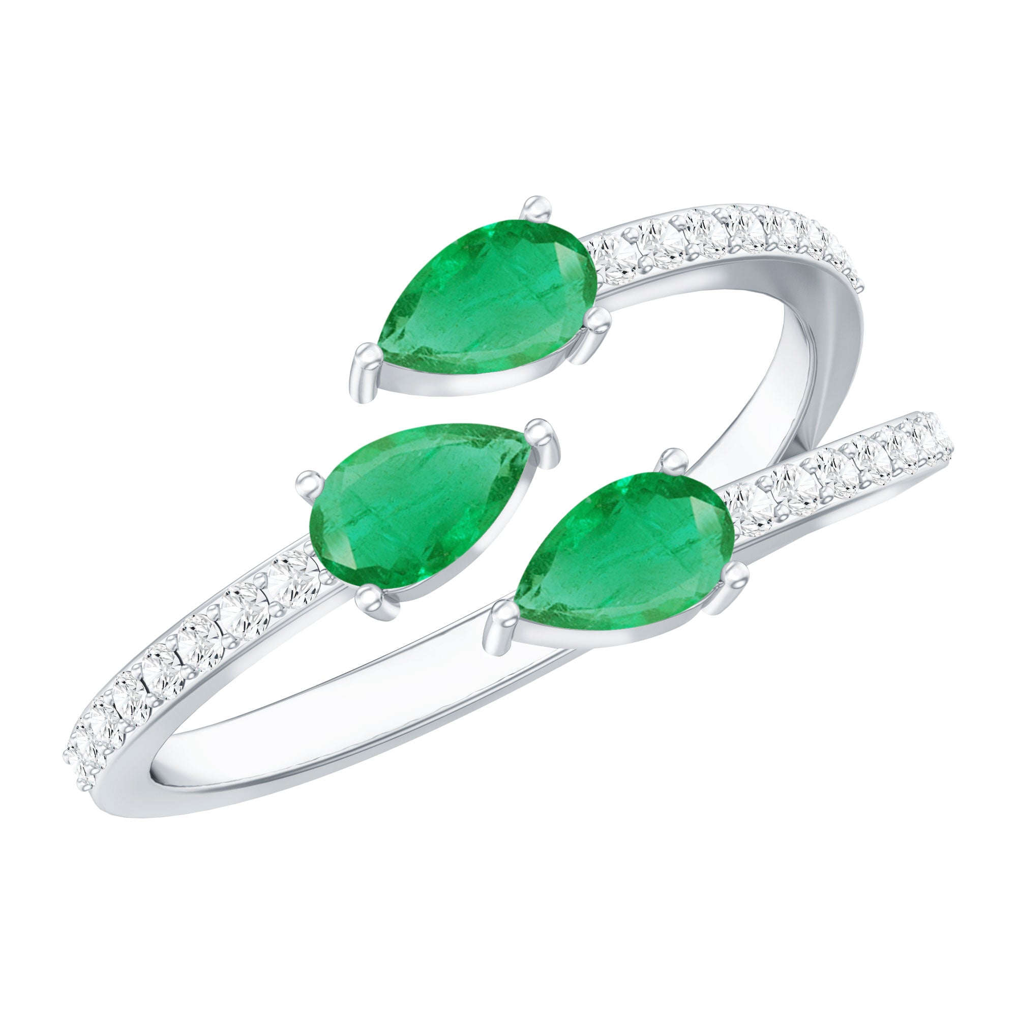 Pear Shaped Emerald and Diamond 3 Stone Statement Ring AAA - Rosec Jewels