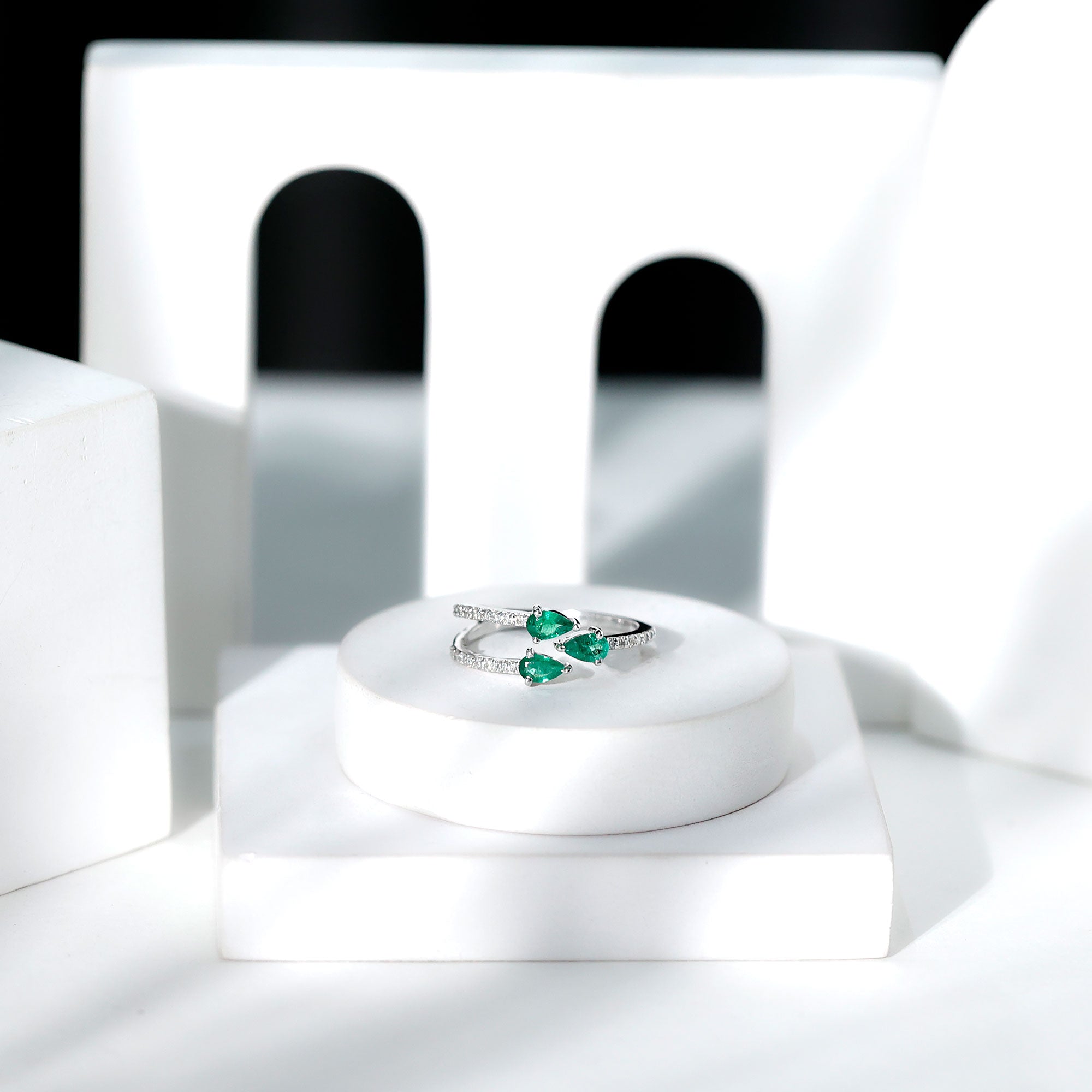 Pear Shaped Emerald and Diamond 3 Stone Statement Ring AAA - Rosec Jewels