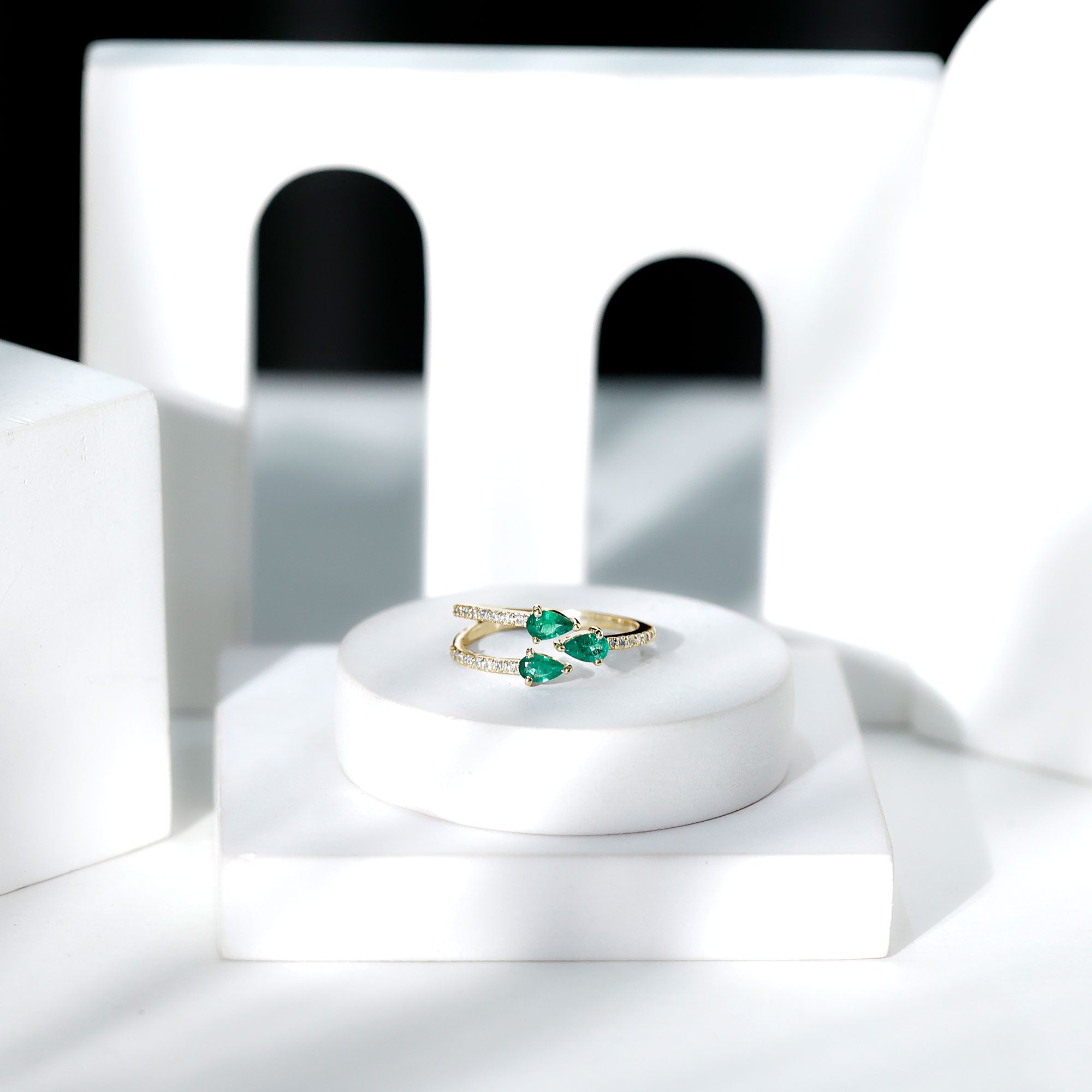 Pear Shaped Emerald and Diamond 3 Stone Statement Ring AAA - Rosec Jewels