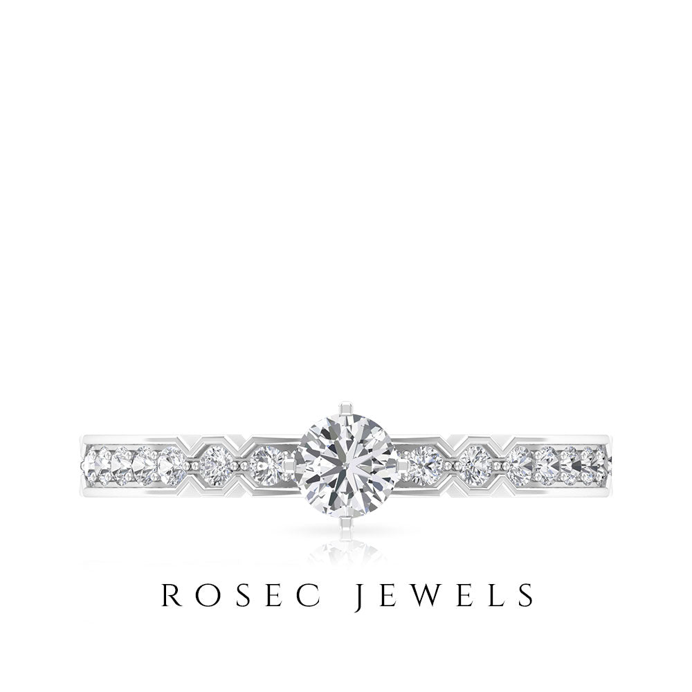 Shimmery Diamond Solitaire Engagement Ring with Side Stone Natural - ( HI-SI ) - Rosec Jewels