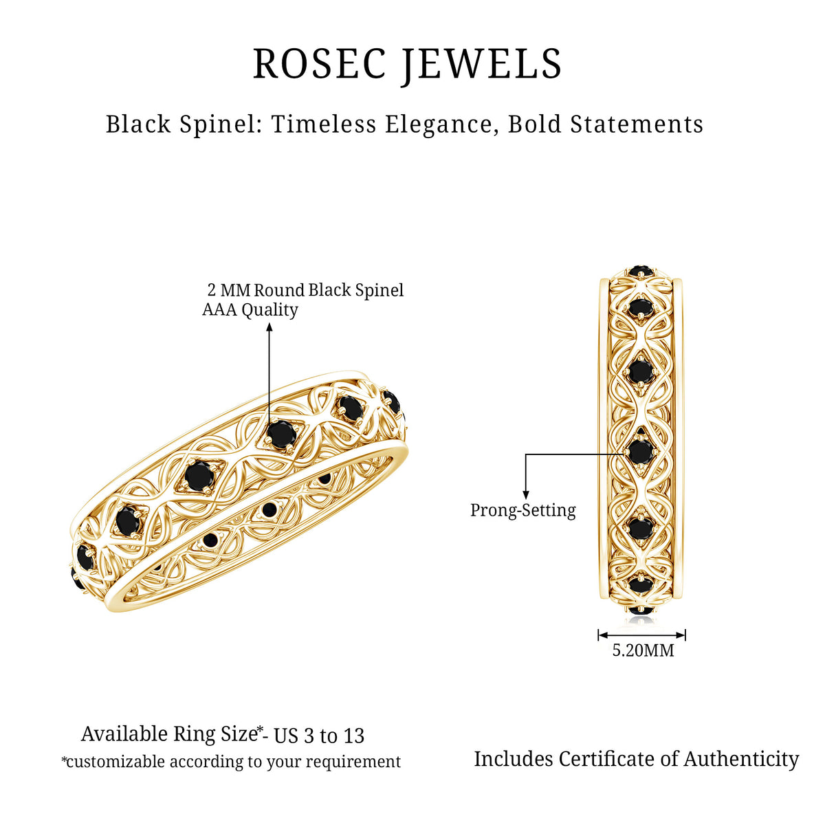 Vintage Inspired Black Spinel Celtic Knot Eternity Band Ring AAA - Rosec Jewels