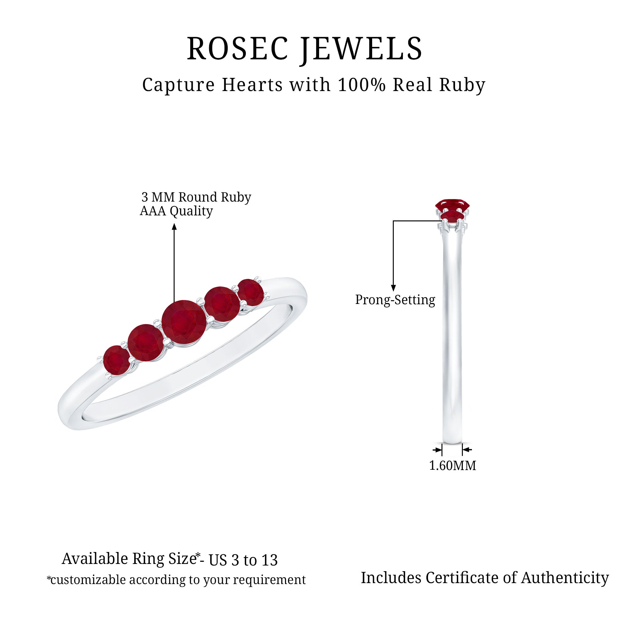 Natural July Birthstone Ruby 5 Stone Ring for Promise AAA - Rosec Jewels