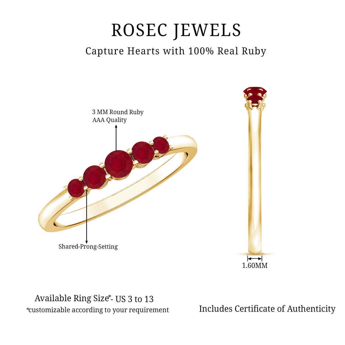 Natural July Birthstone Ruby 5 Stone Ring for Promise AAA - Rosec Jewels
