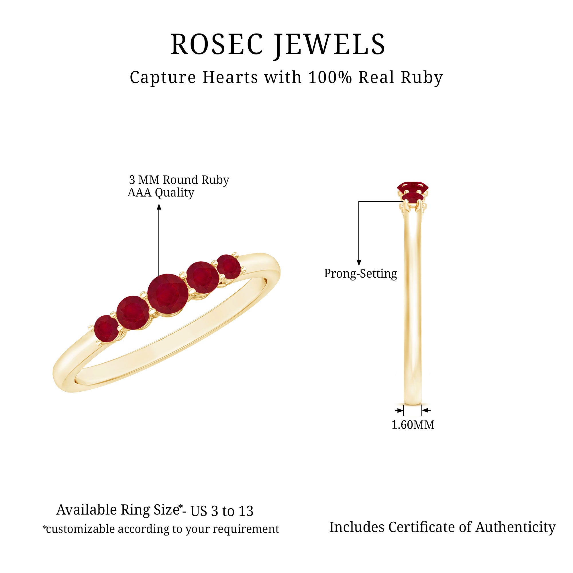 Natural July Birthstone Ruby 5 Stone Ring for Promise AAA - Rosec Jewels