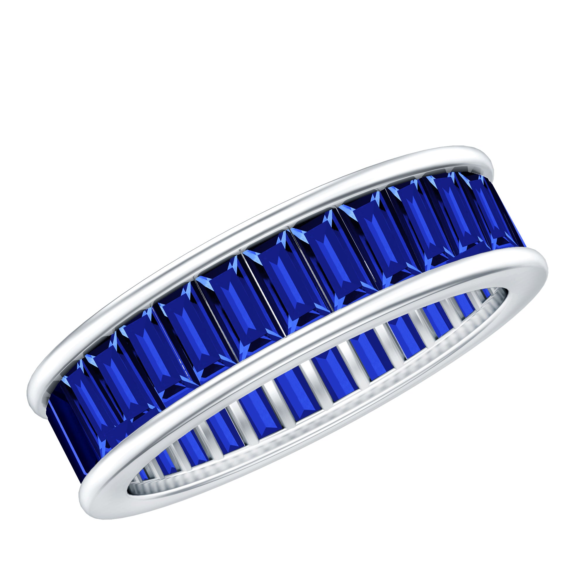 Baguette Shape Lab Created Blue Sapphire Channel Set Eternity Band AAAA - Rosec Jewels