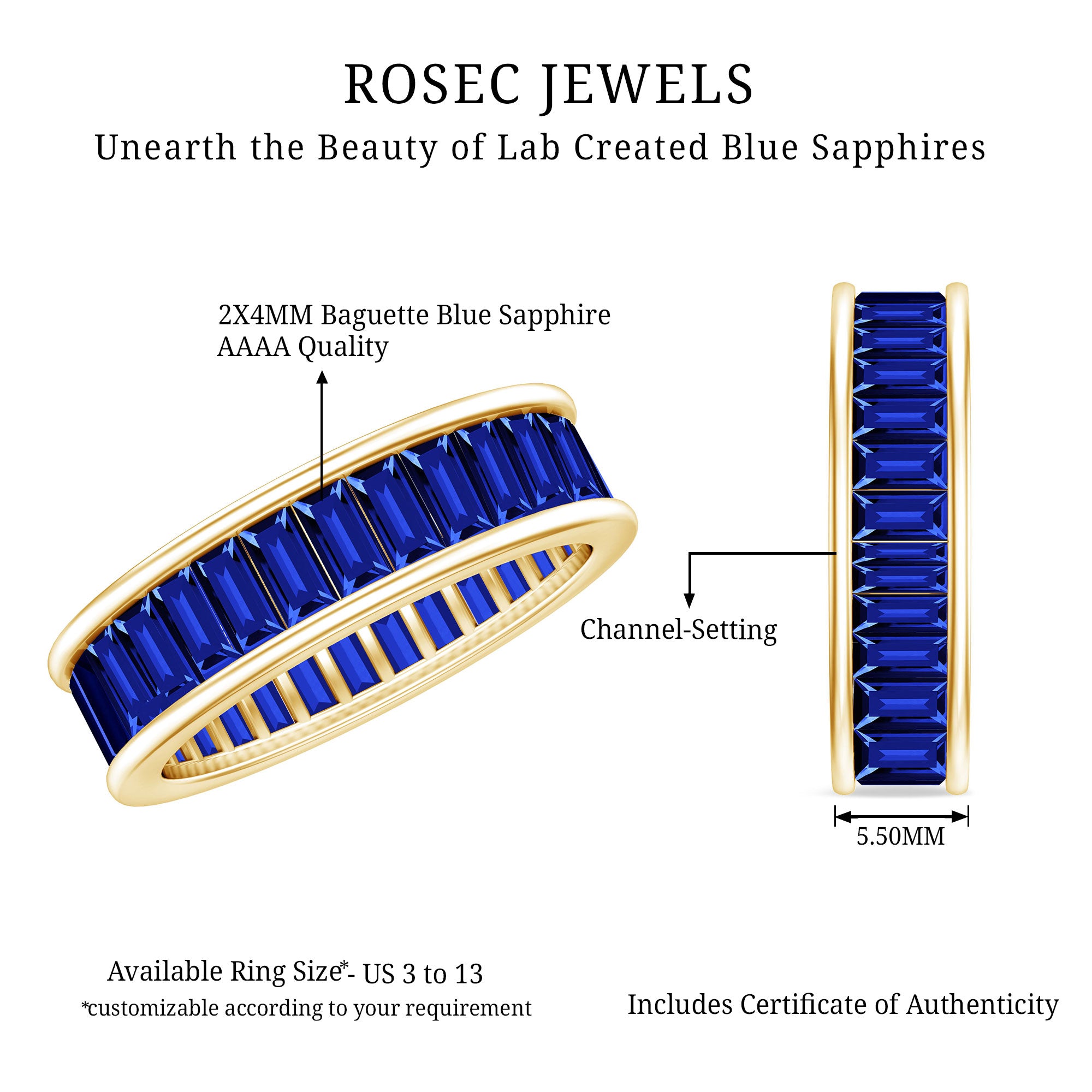 Baguette Shape Lab Created Blue Sapphire Channel Set Eternity Band AAAA - Rosec Jewels