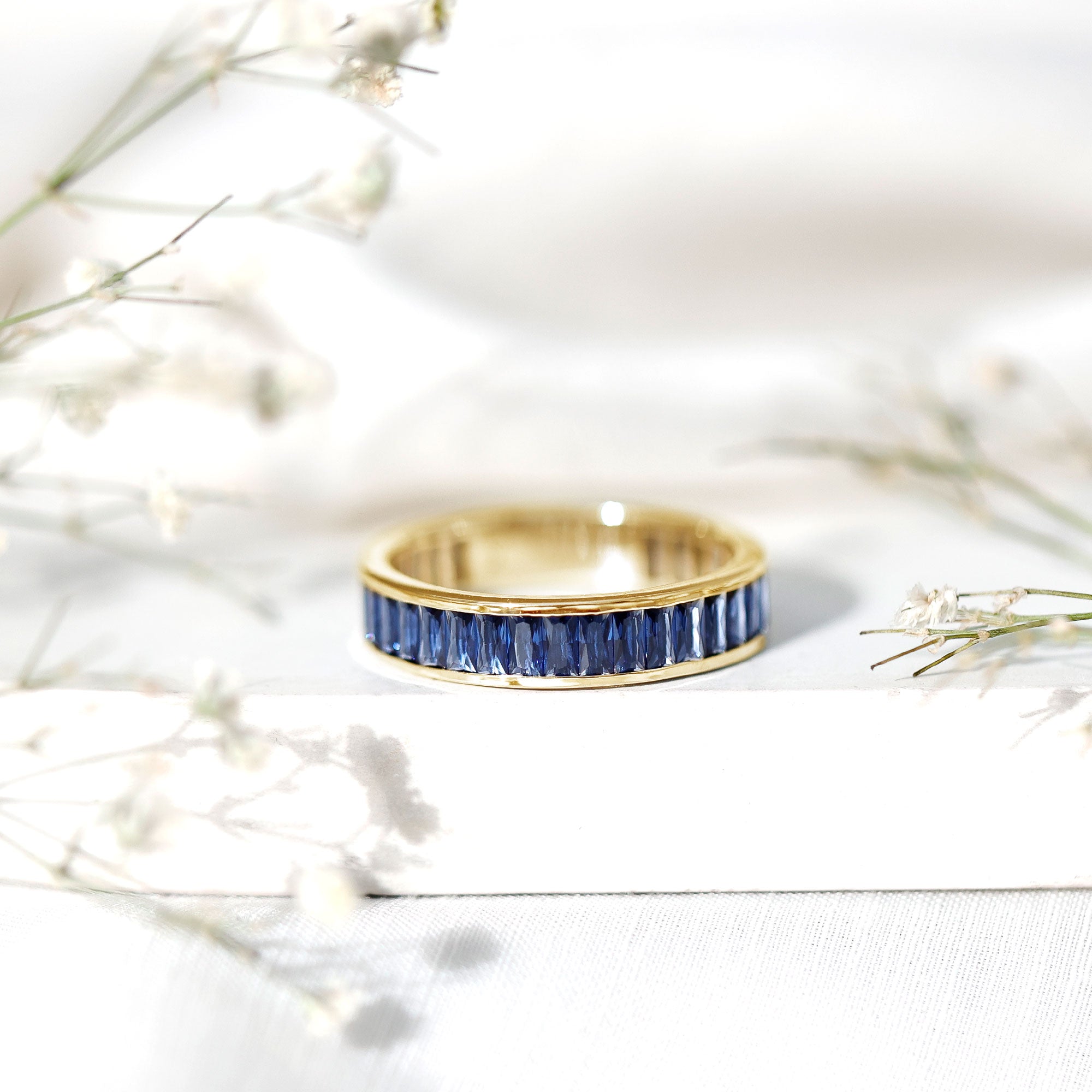Baguette Shape Lab Created Blue Sapphire Channel Set Eternity Band AAAA - Rosec Jewels