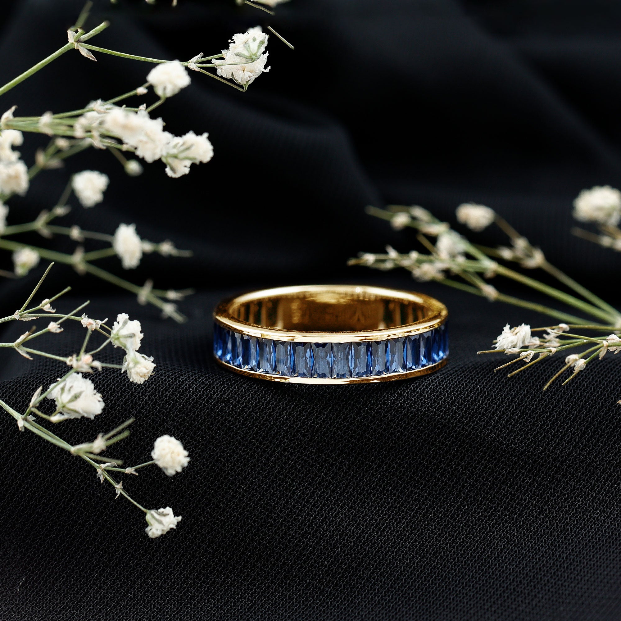 Baguette Shape Lab Created Blue Sapphire Channel Set Eternity Band AAAA - Rosec Jewels