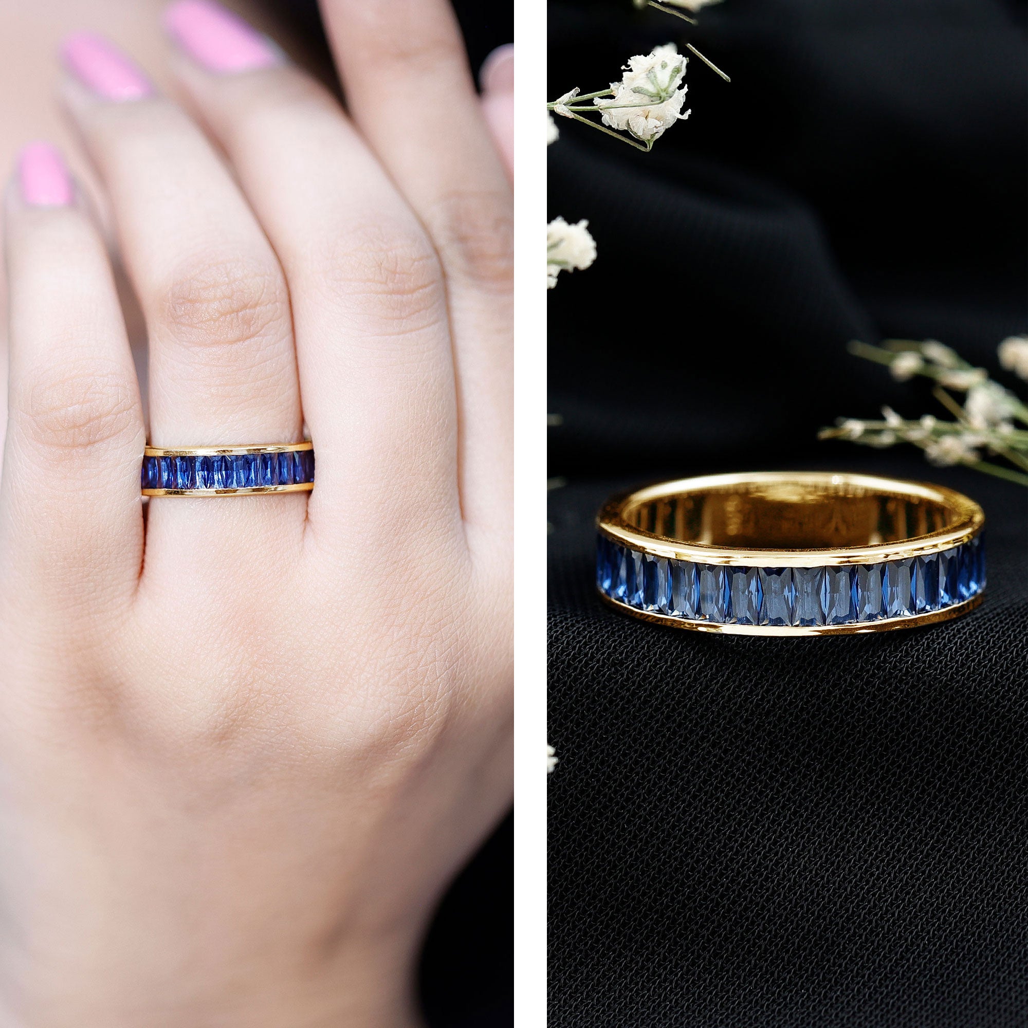 Baguette Shape Lab Created Blue Sapphire Channel Set Eternity Band AAAA - Rosec Jewels