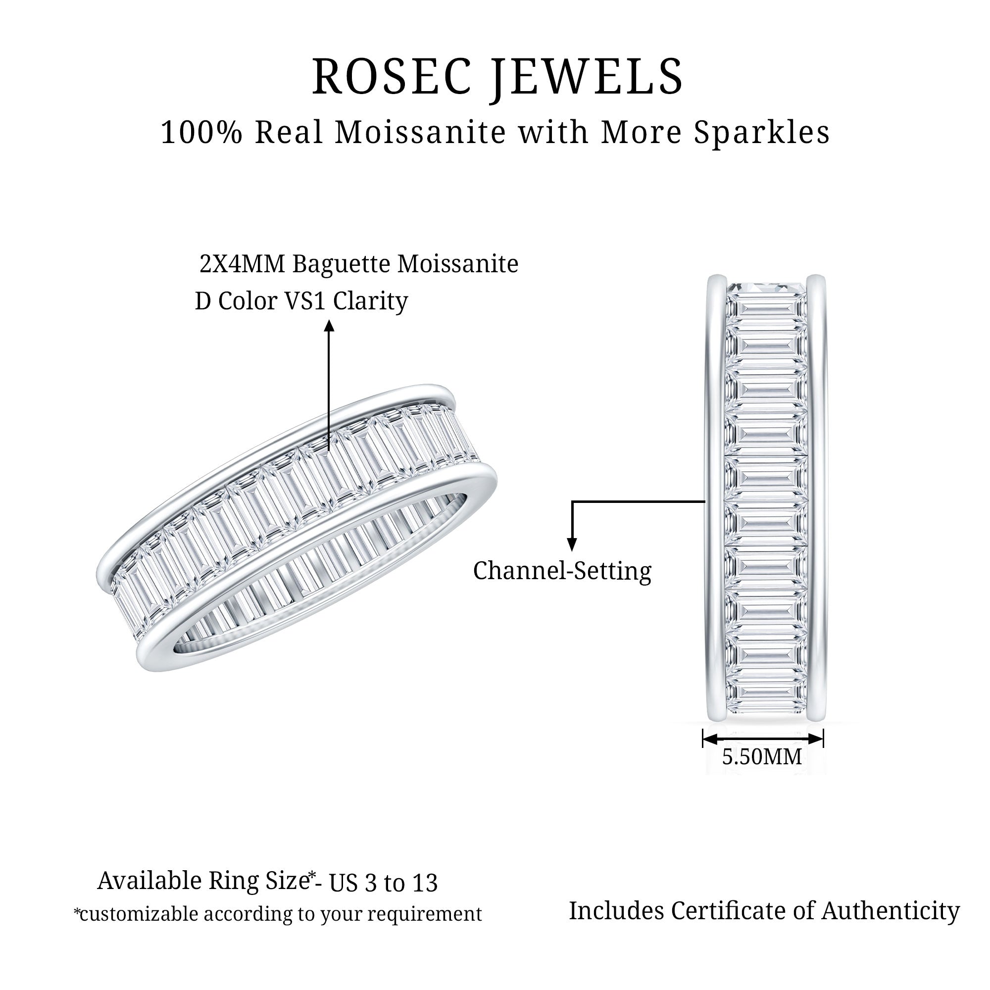 Certified Moissanite Channel Set Eternity Band D-VS1 - Rosec Jewels