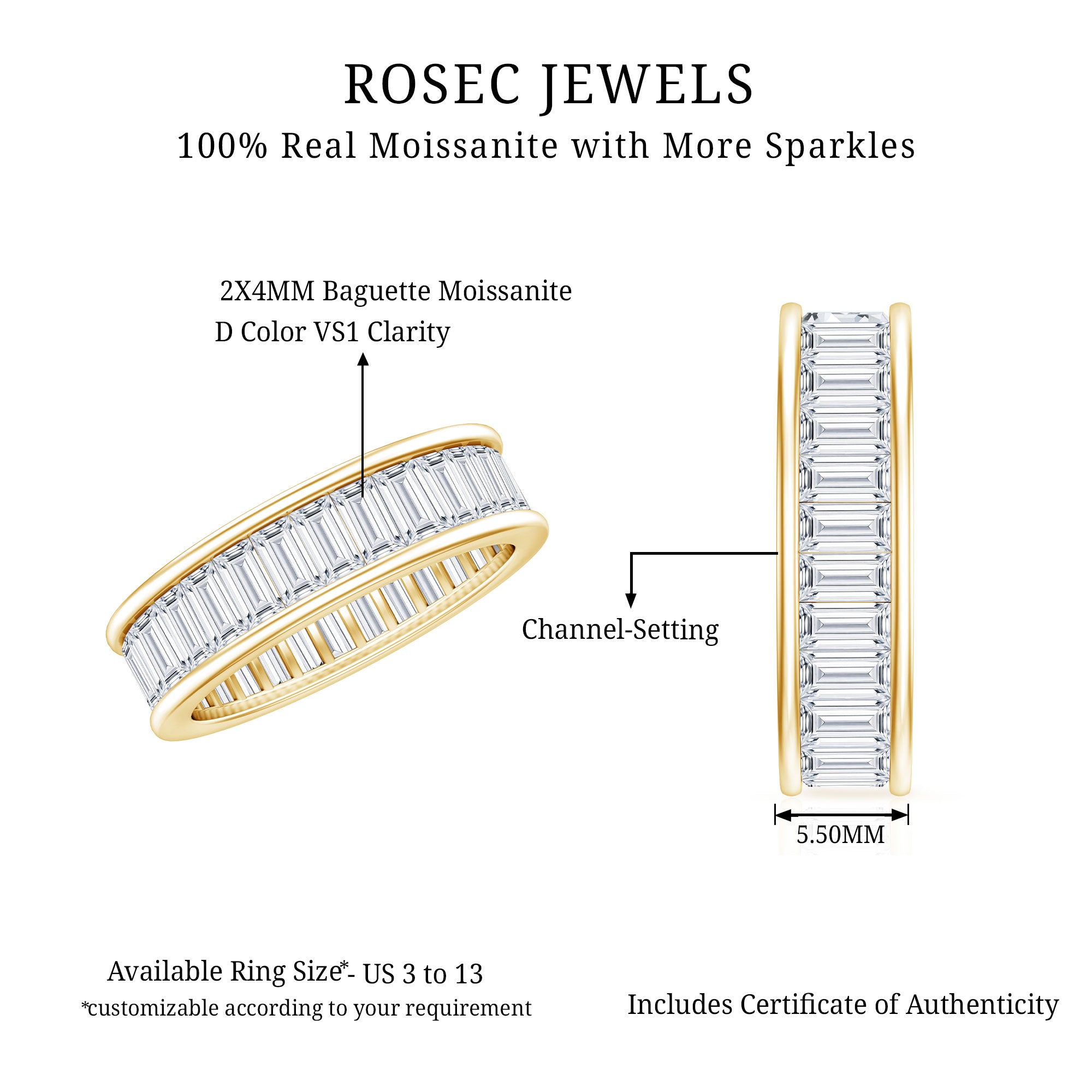 Certified Moissanite Channel Set Eternity Band D-VS1 - Rosec Jewels