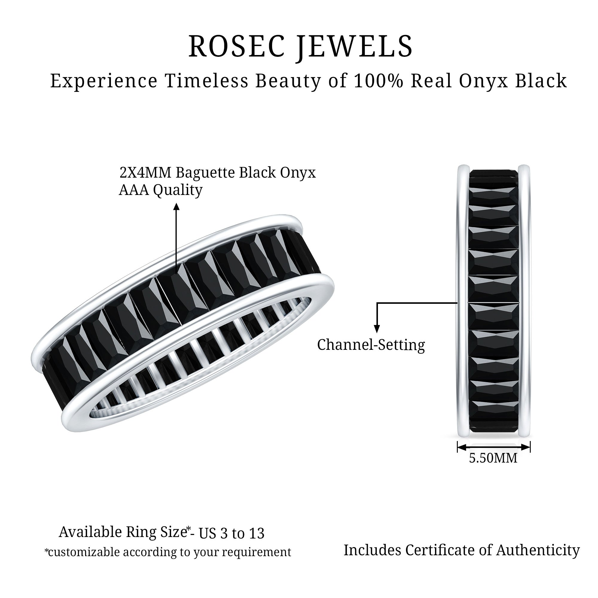 Baguette Cut Black Onyx Wedding Band in Channel Setting AAA - Rosec Jewels