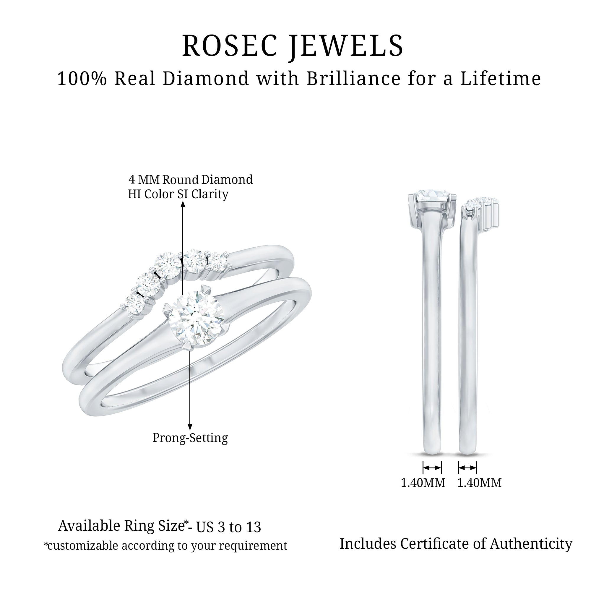 Real Diamond Minimal Wedding Ring Set Natural - ( HI-SI ) - Rosec Jewels