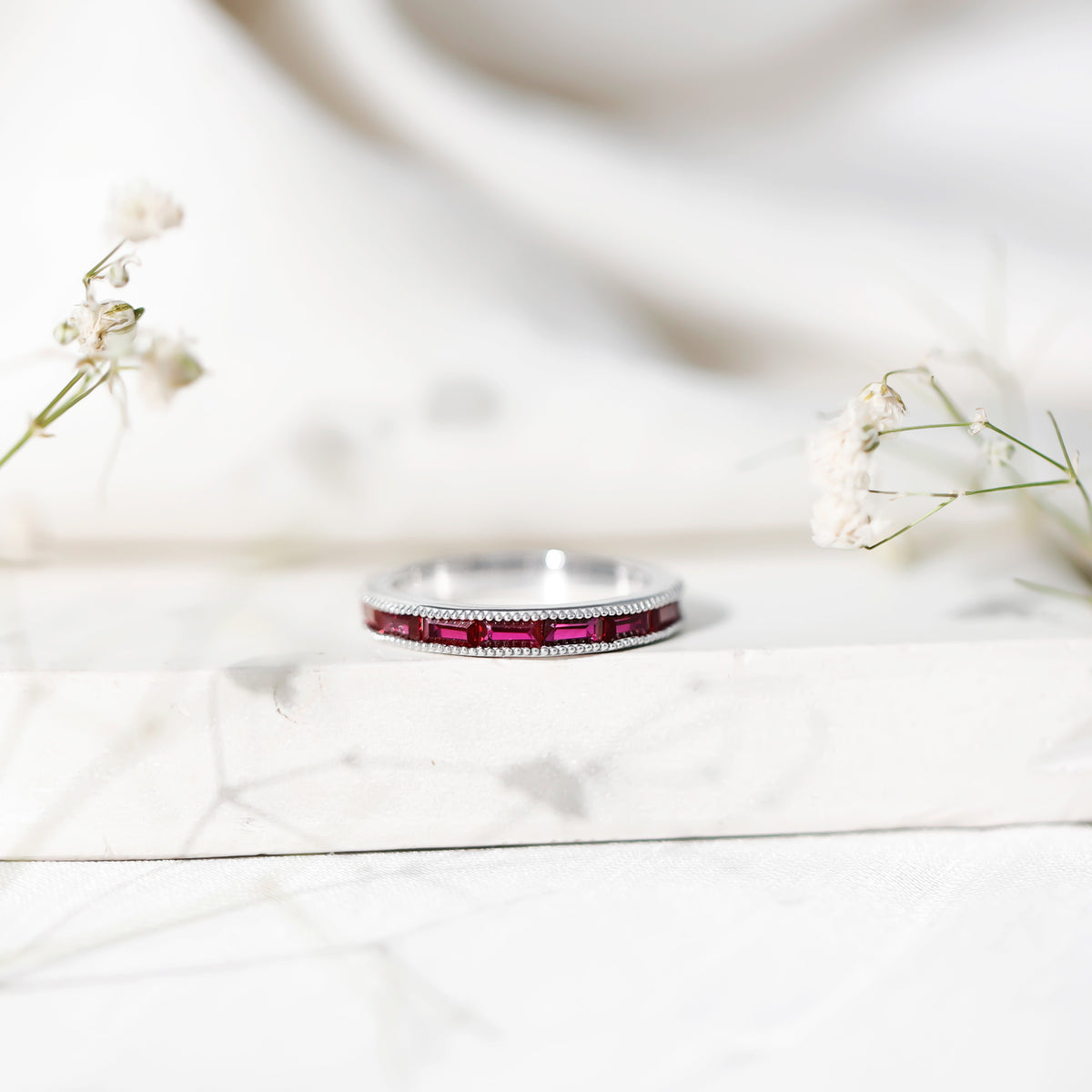 Minimalist Baguette Cut Lab Created Ruby Eternity Ring in Channel Setting AAAA - Rosec Jewels