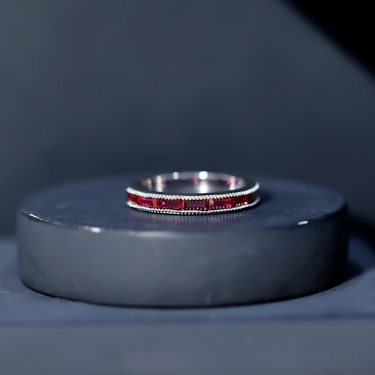Minimalist Baguette Cut Lab Created Ruby Eternity Ring in Channel Setting AAAA - Rosec Jewels