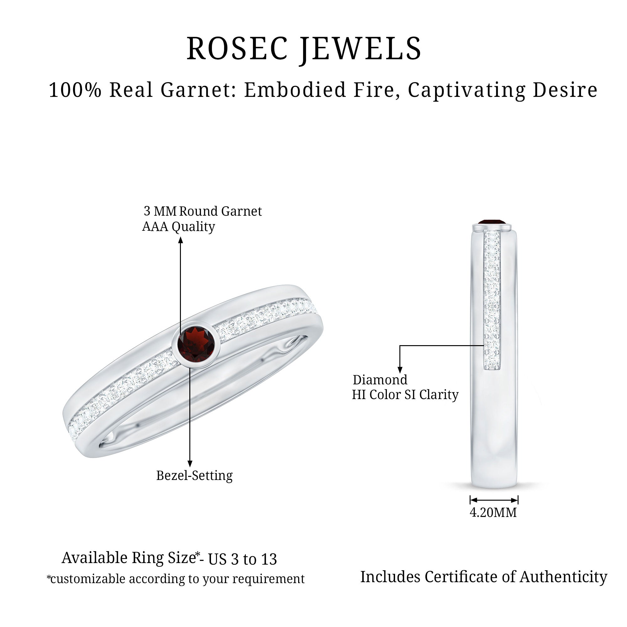 Natural Garnet Diamond Wide Wedding Band AAA - Rosec Jewels
