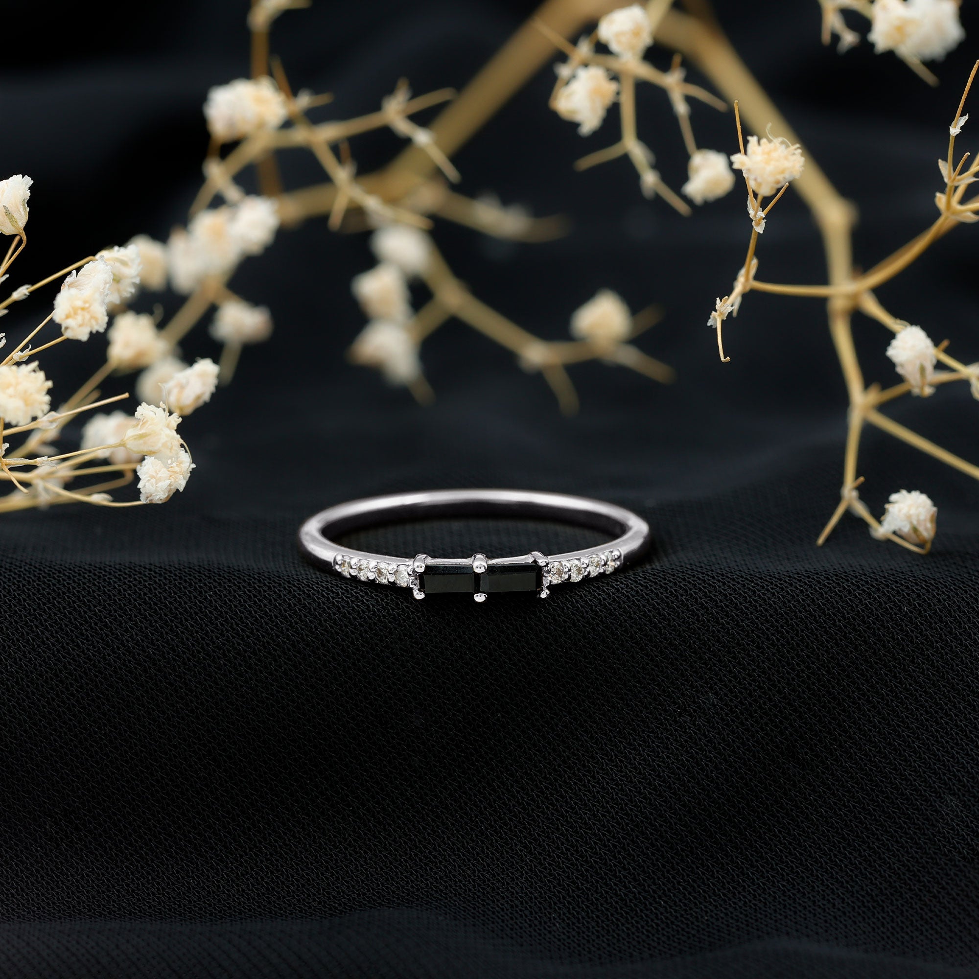 Natural Black Onyx and Diamond Stackable Ring AAA - Rosec Jewels