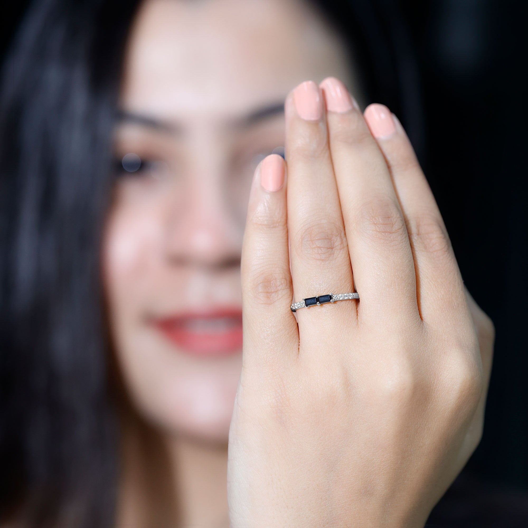 Natural Black Onyx and Diamond Stackable Ring AAA - Rosec Jewels