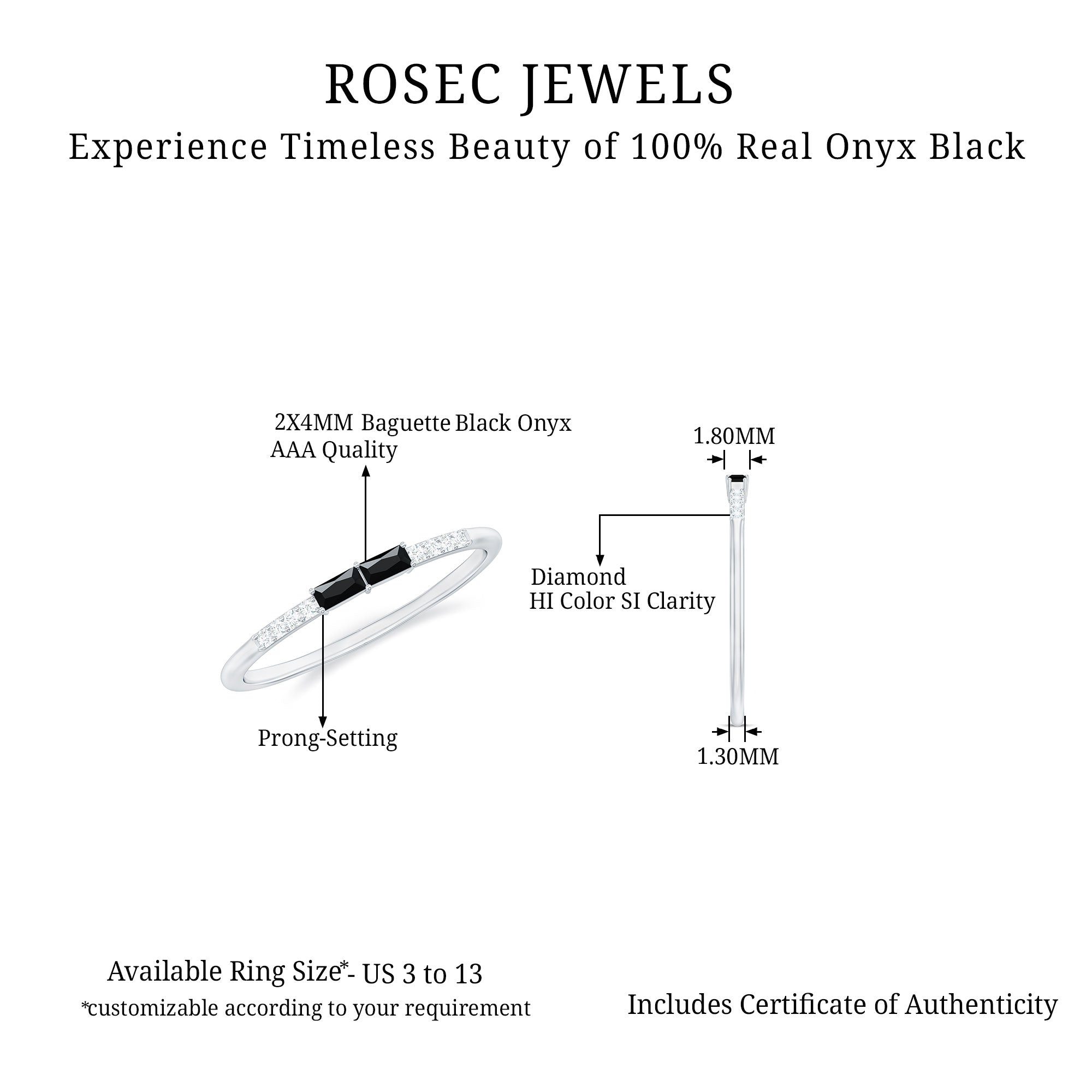 Natural Black Onyx and Diamond Stackable Ring AAA - Rosec Jewels