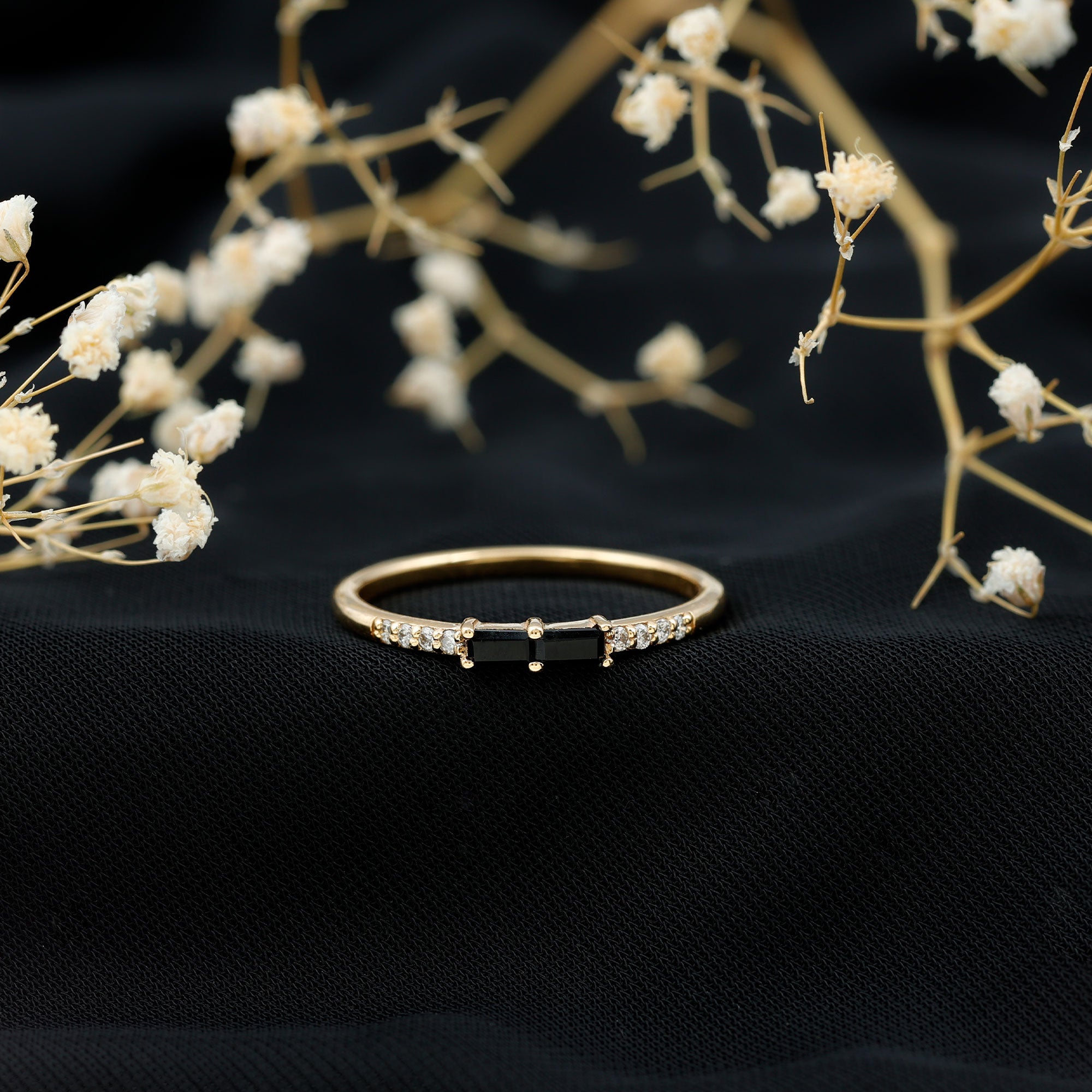 Natural Black Onyx and Diamond Stackable Ring AAA - Rosec Jewels