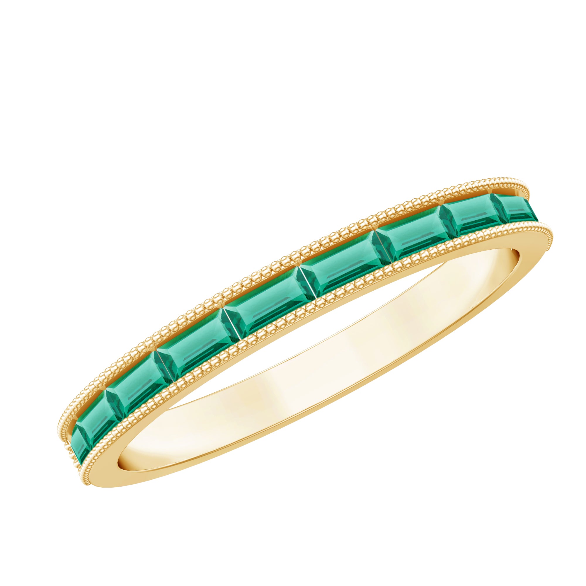 Baguette Cut Lab Grown Emerald Eternity Ring with Beaded Detailing AAAA - Rosec Jewels