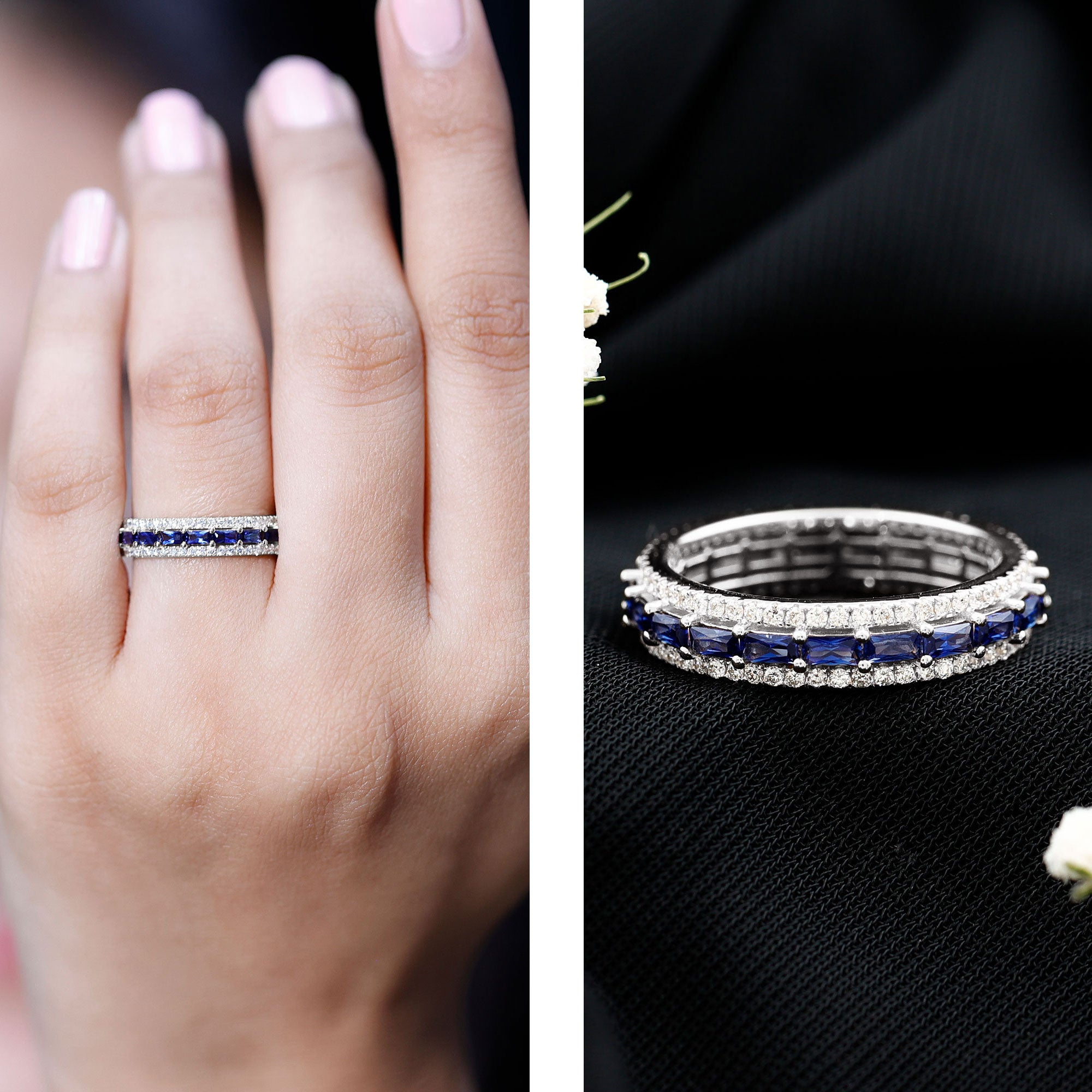 Lab Grown Blue Sapphire Eternity Wedding Band With Natural Diamond AAAA - Rosec Jewels