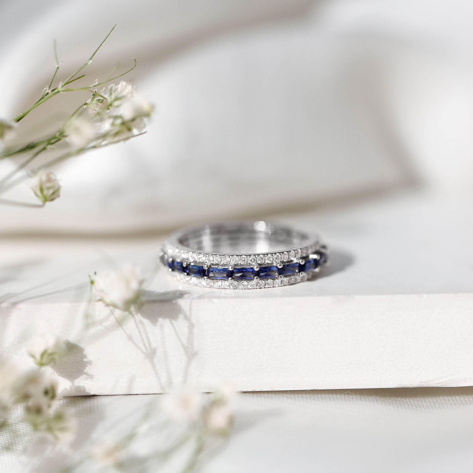 Lab Grown Blue Sapphire Eternity Wedding Band With Natural Diamond AAAA - Rosec Jewels