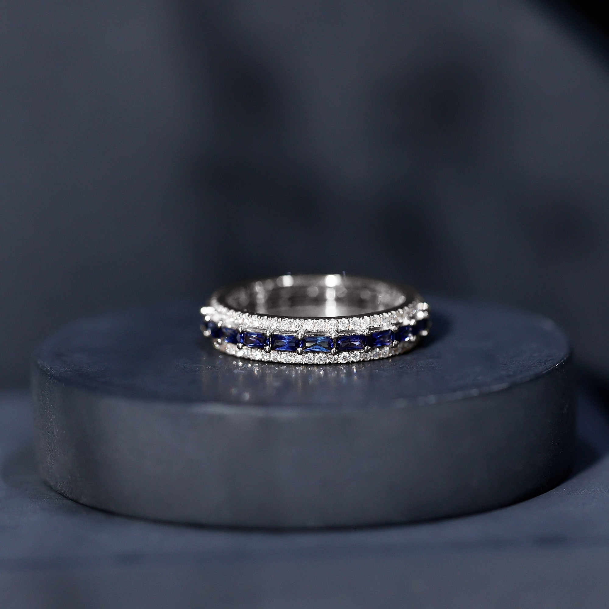 Lab Grown Blue Sapphire Eternity Wedding Band With Natural Diamond AAAA - Rosec Jewels