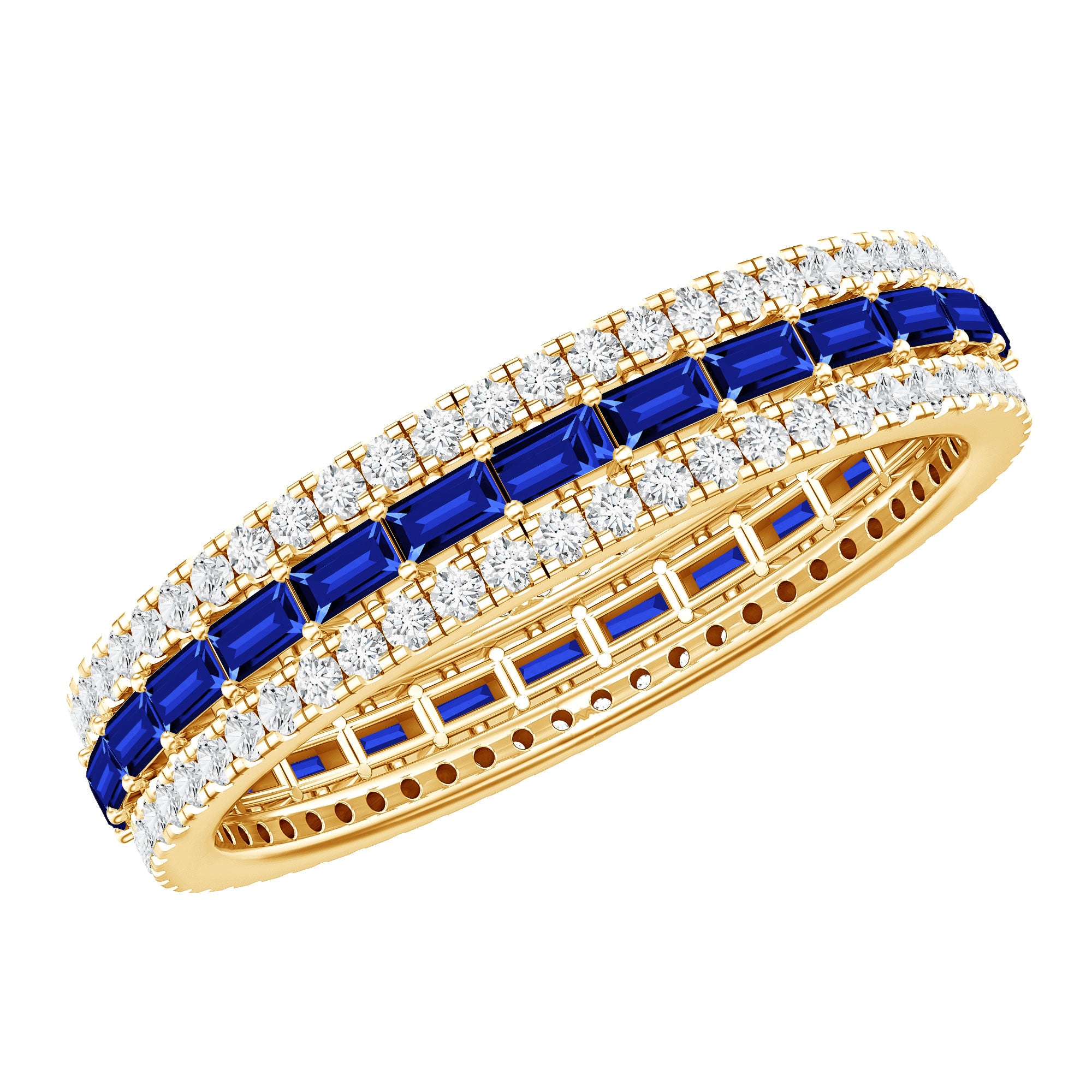 Lab Grown Blue Sapphire Eternity Wedding Band With Natural Diamond AAAA - Rosec Jewels