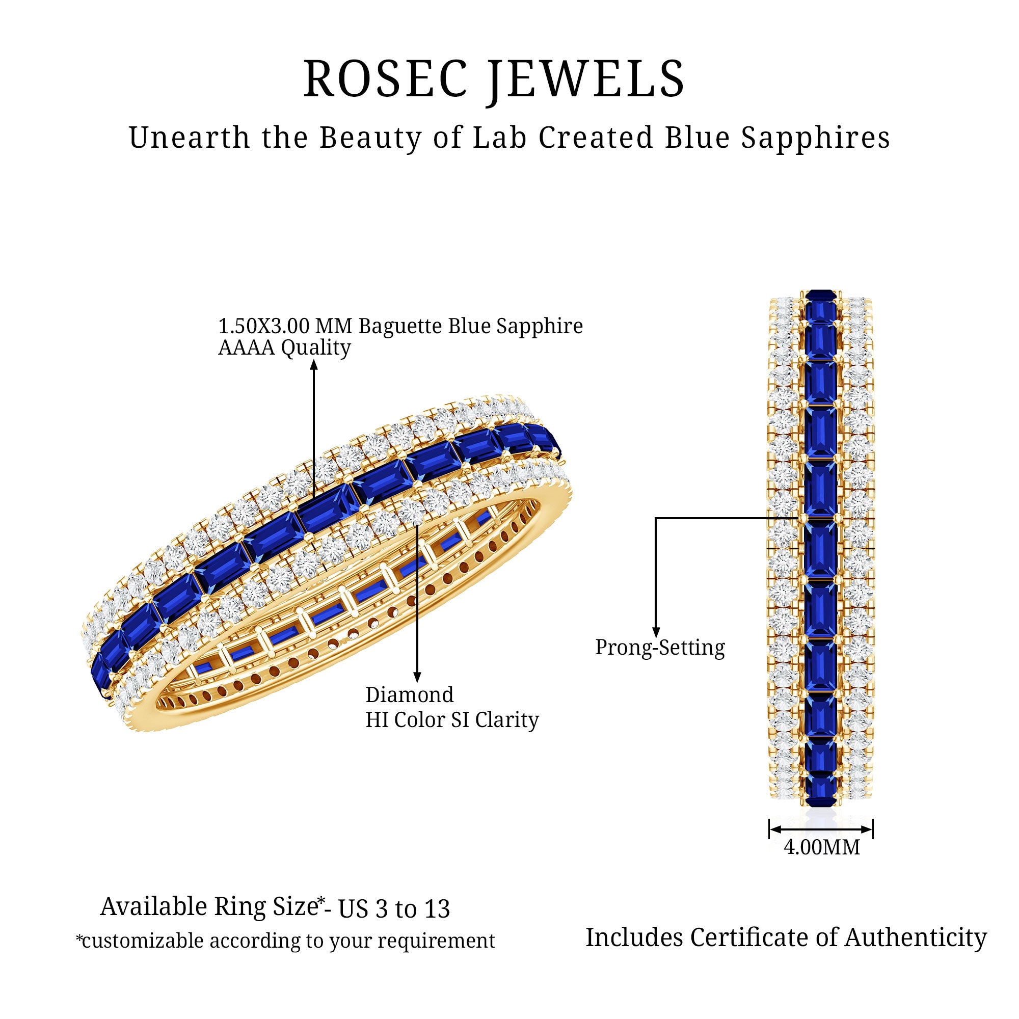 Lab Grown Blue Sapphire Eternity Wedding Band With Natural Diamond AAAA - Rosec Jewels