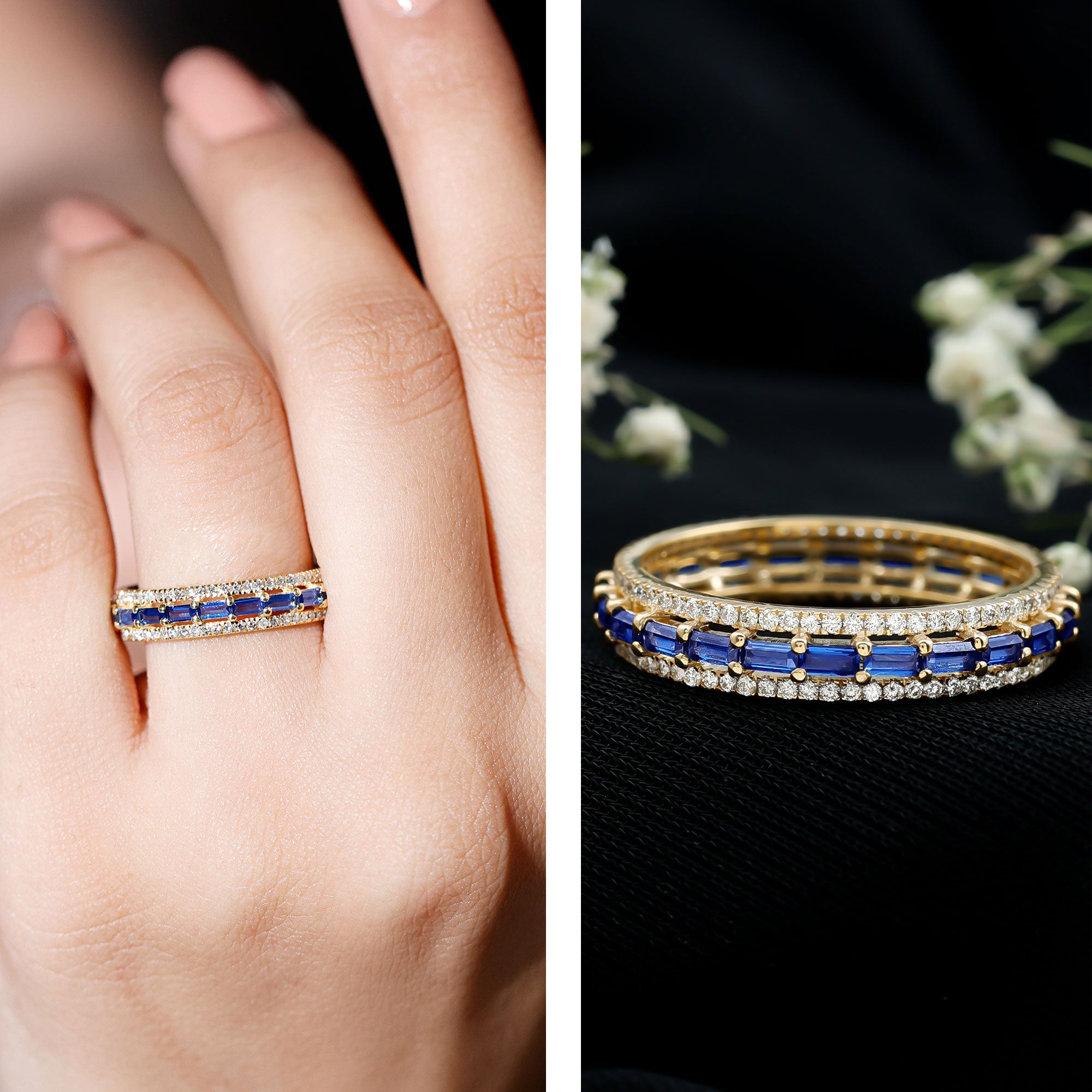 Lab Grown Blue Sapphire Eternity Wedding Band With Natural Diamond AAAA - Rosec Jewels