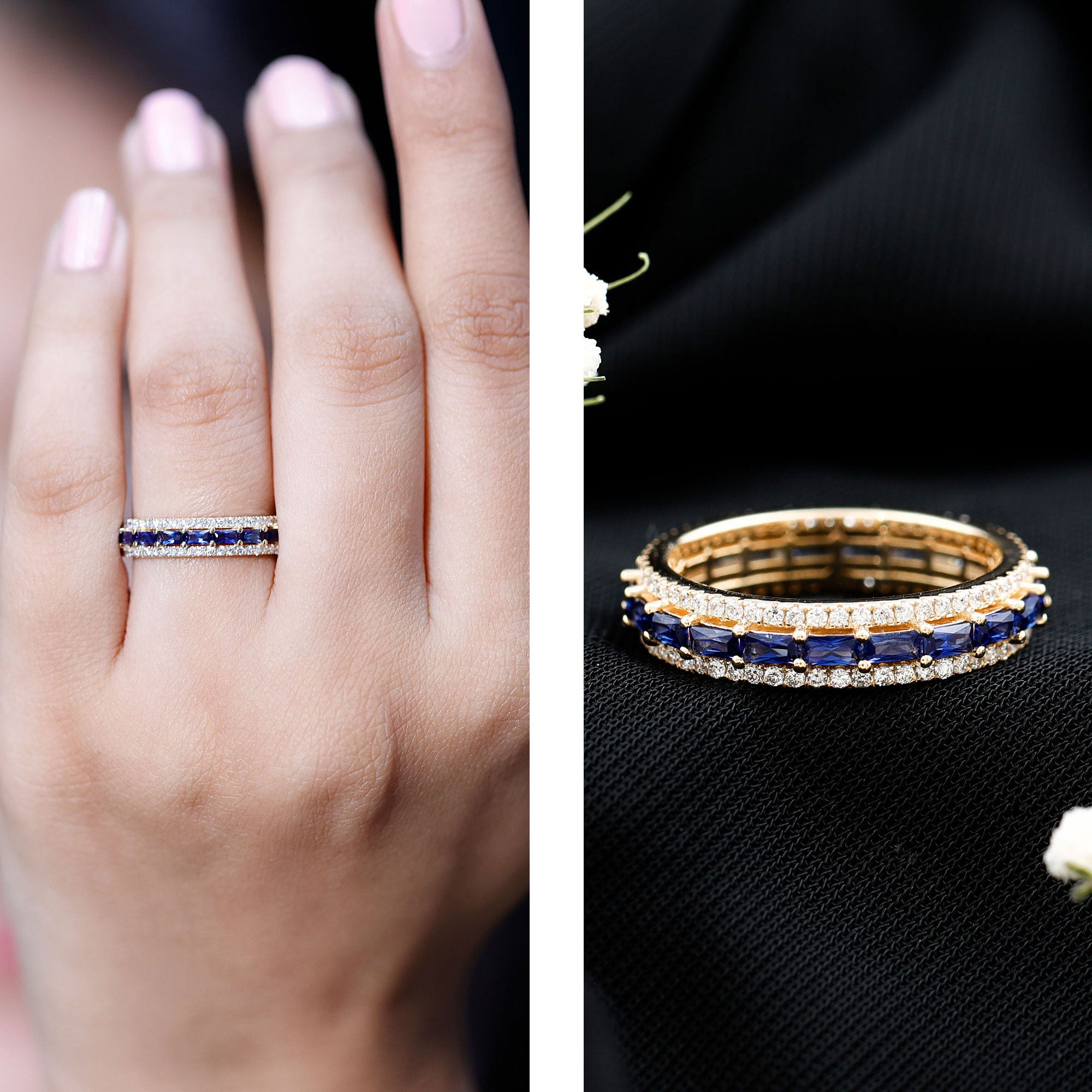 Lab Grown Blue Sapphire Eternity Wedding Band With Natural Diamond AAAA - Rosec Jewels