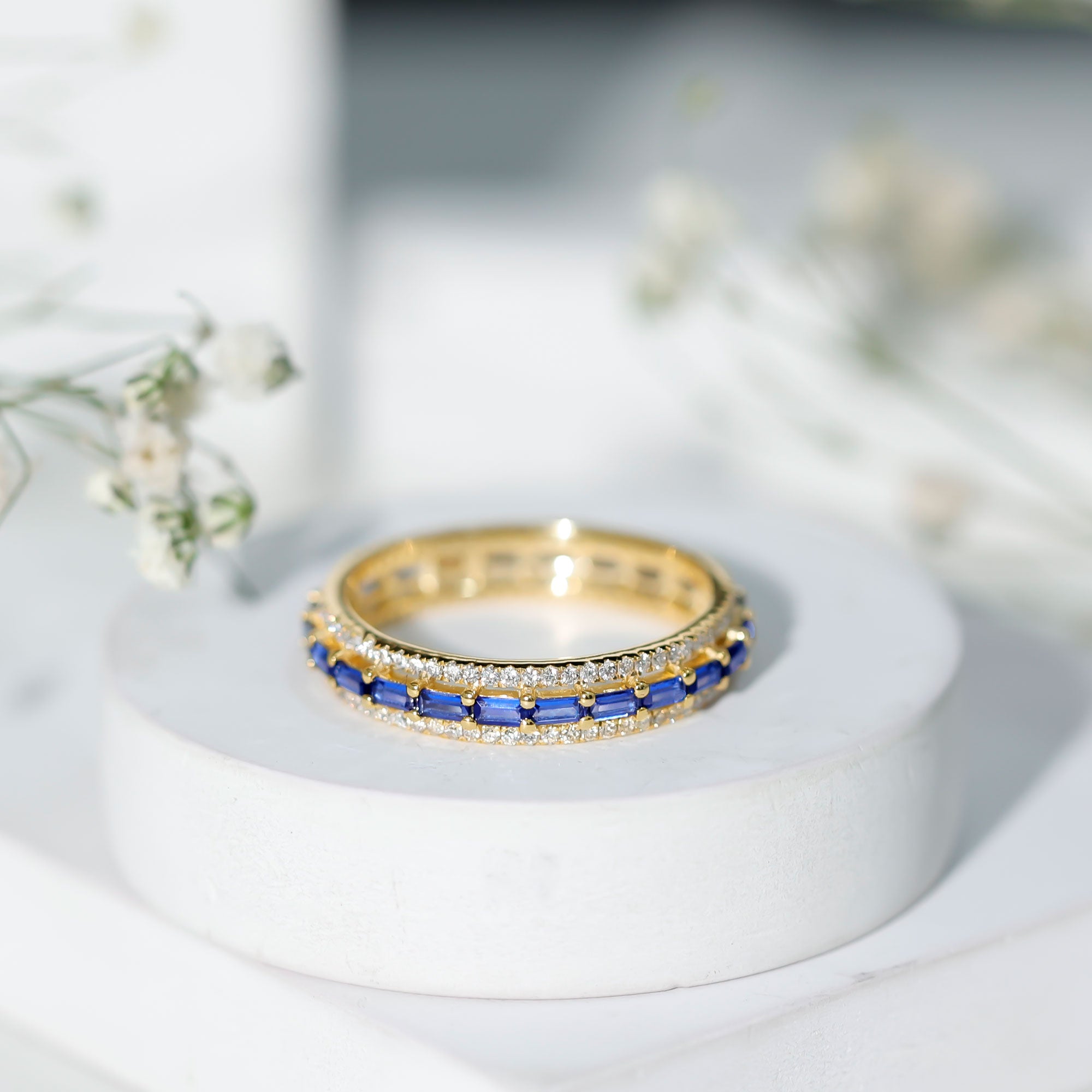 Lab Grown Blue Sapphire Eternity Wedding Band With Natural Diamond AAAA - Rosec Jewels