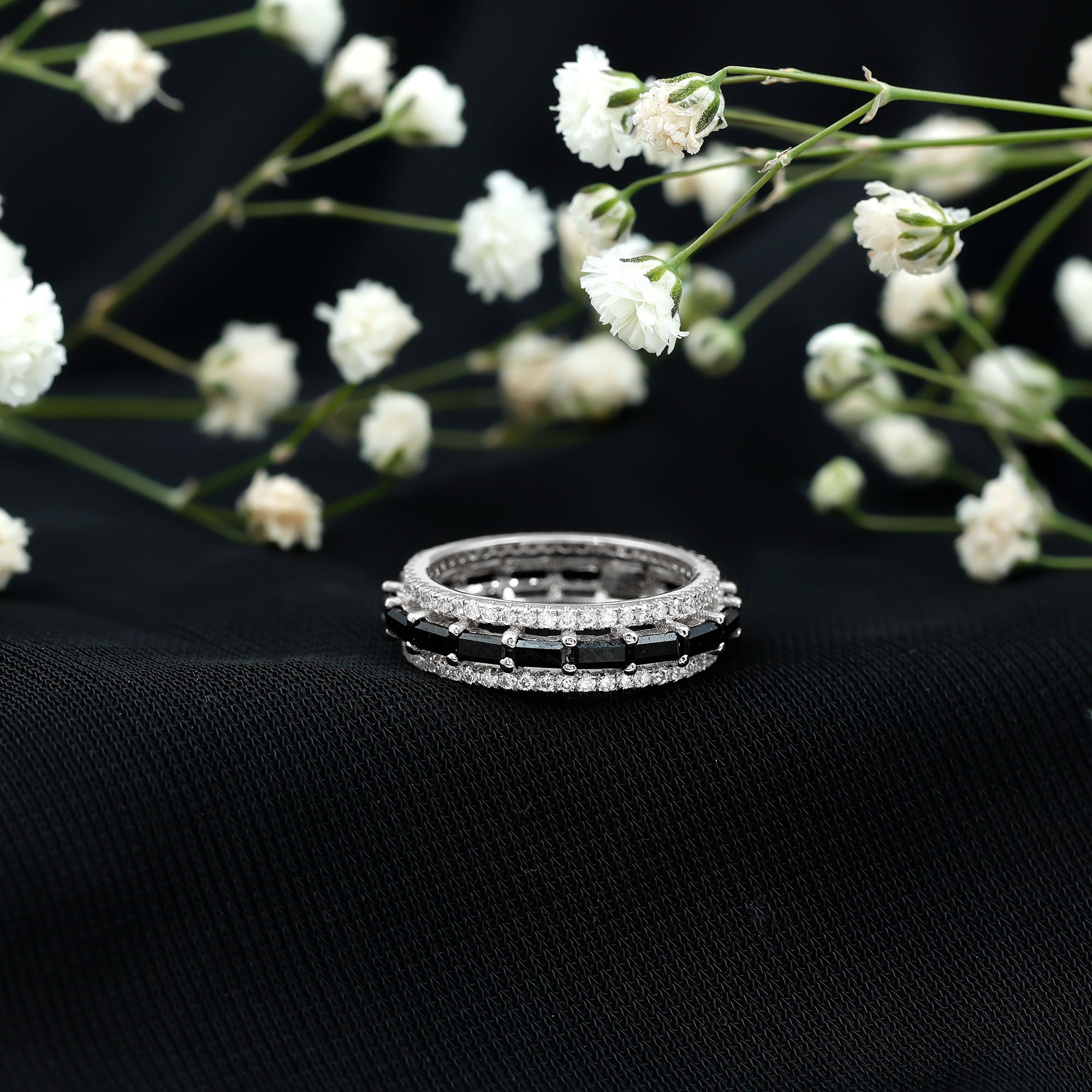 Certified Lab Grown Black Diamond 3 Row Wedding Band with Moissanite AAAA ( Synthetic ) - Rosec Jewels