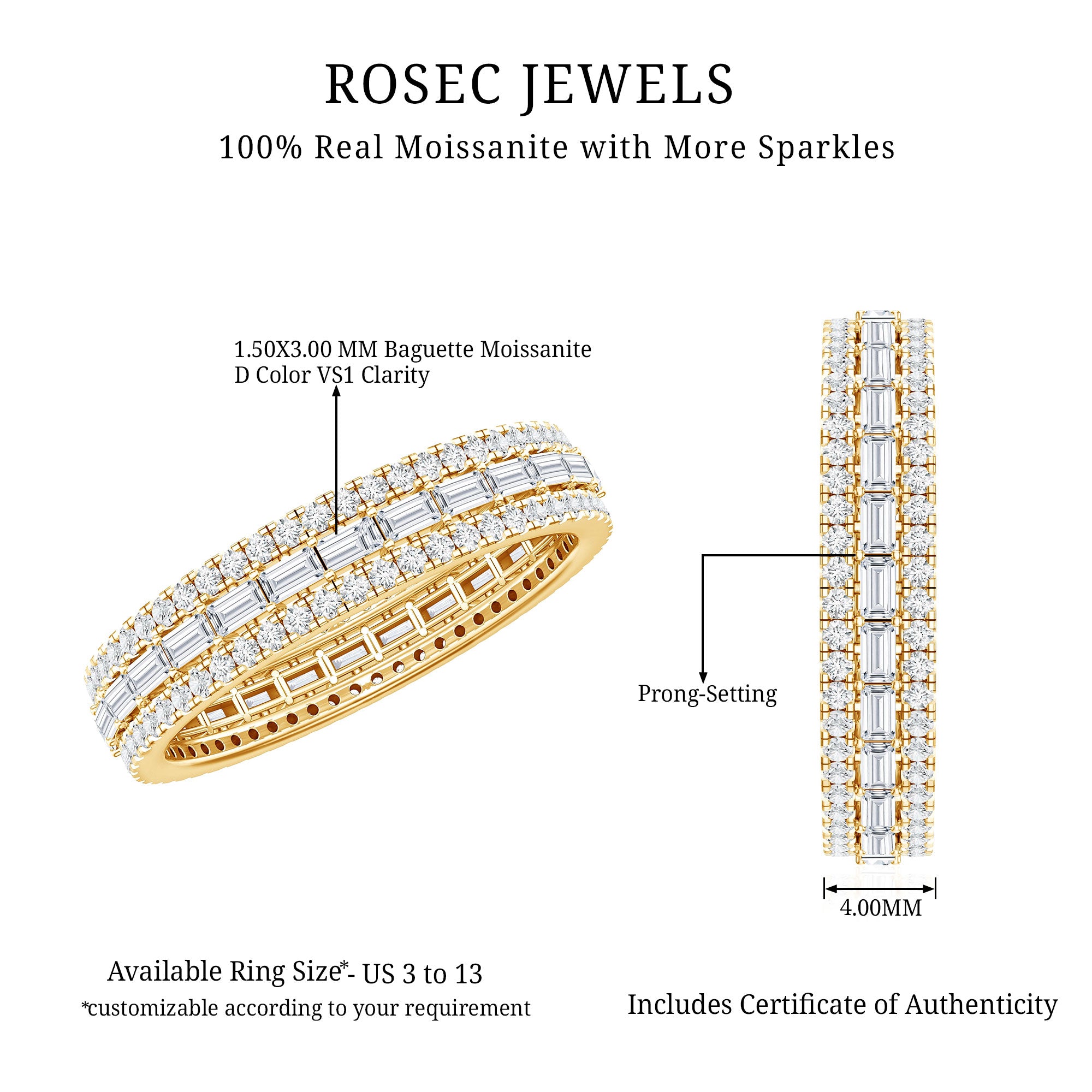Certified Baguette Moissanite Eternity Wedding Band for Women D-VS1 - Rosec Jewels