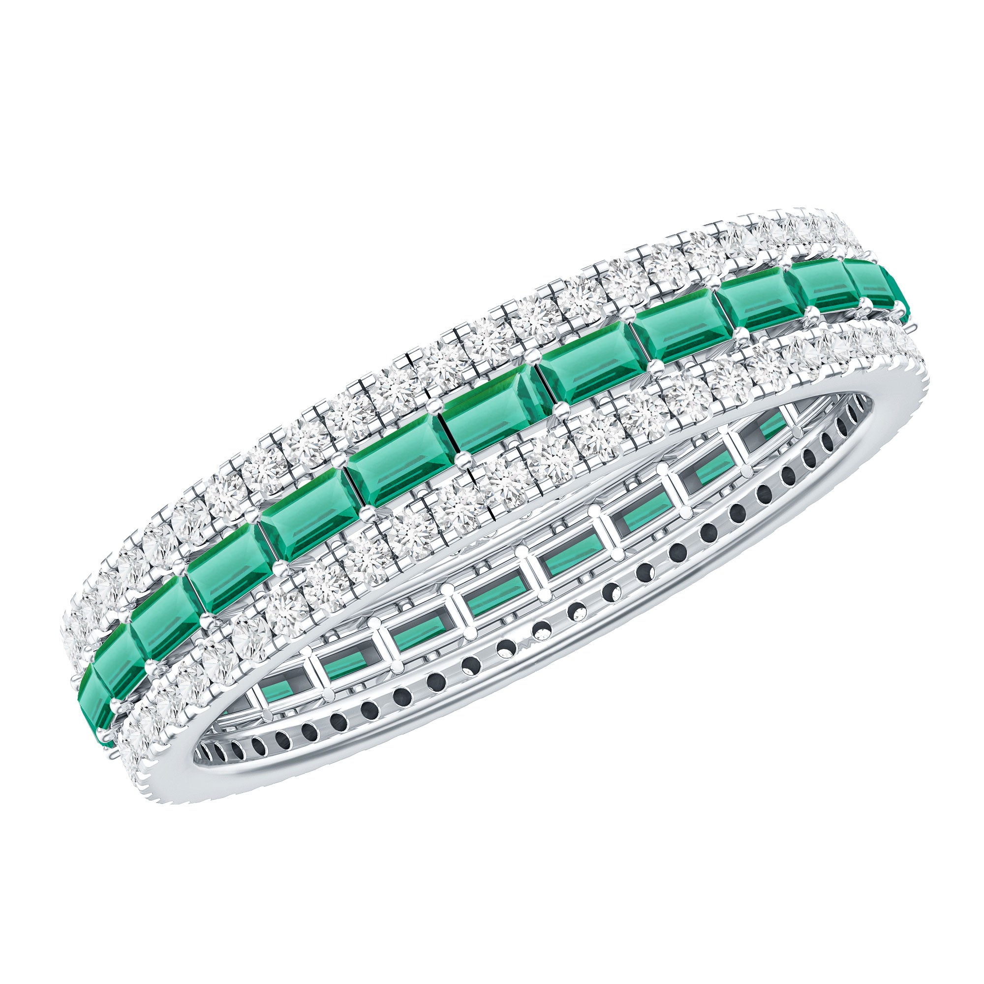 Baguette Cut Lab Grown Emerald and Moissanite Wedding Band AAAA - Rosec Jewels