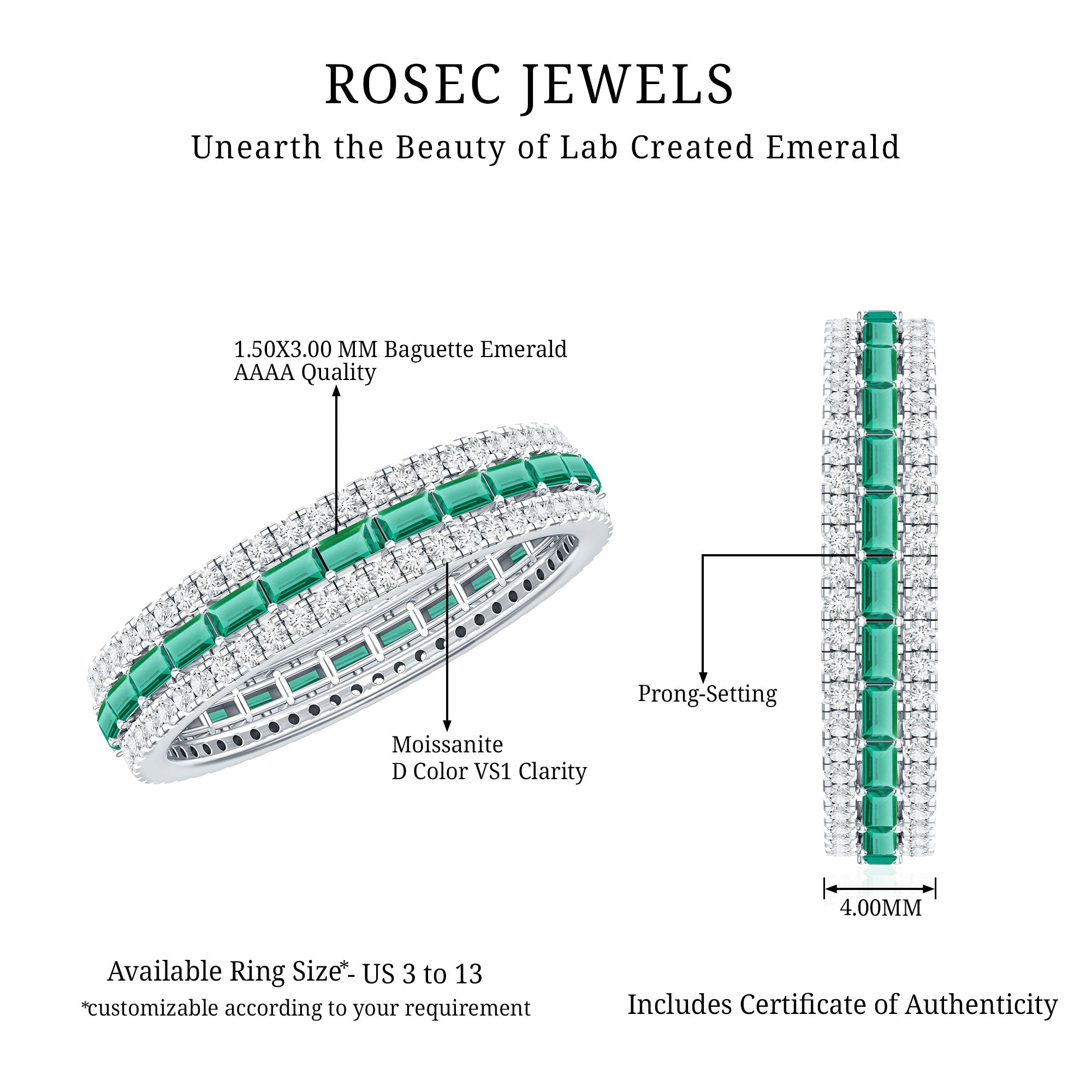 Baguette Cut Lab Grown Emerald and Moissanite Wedding Band AAAA - Rosec Jewels