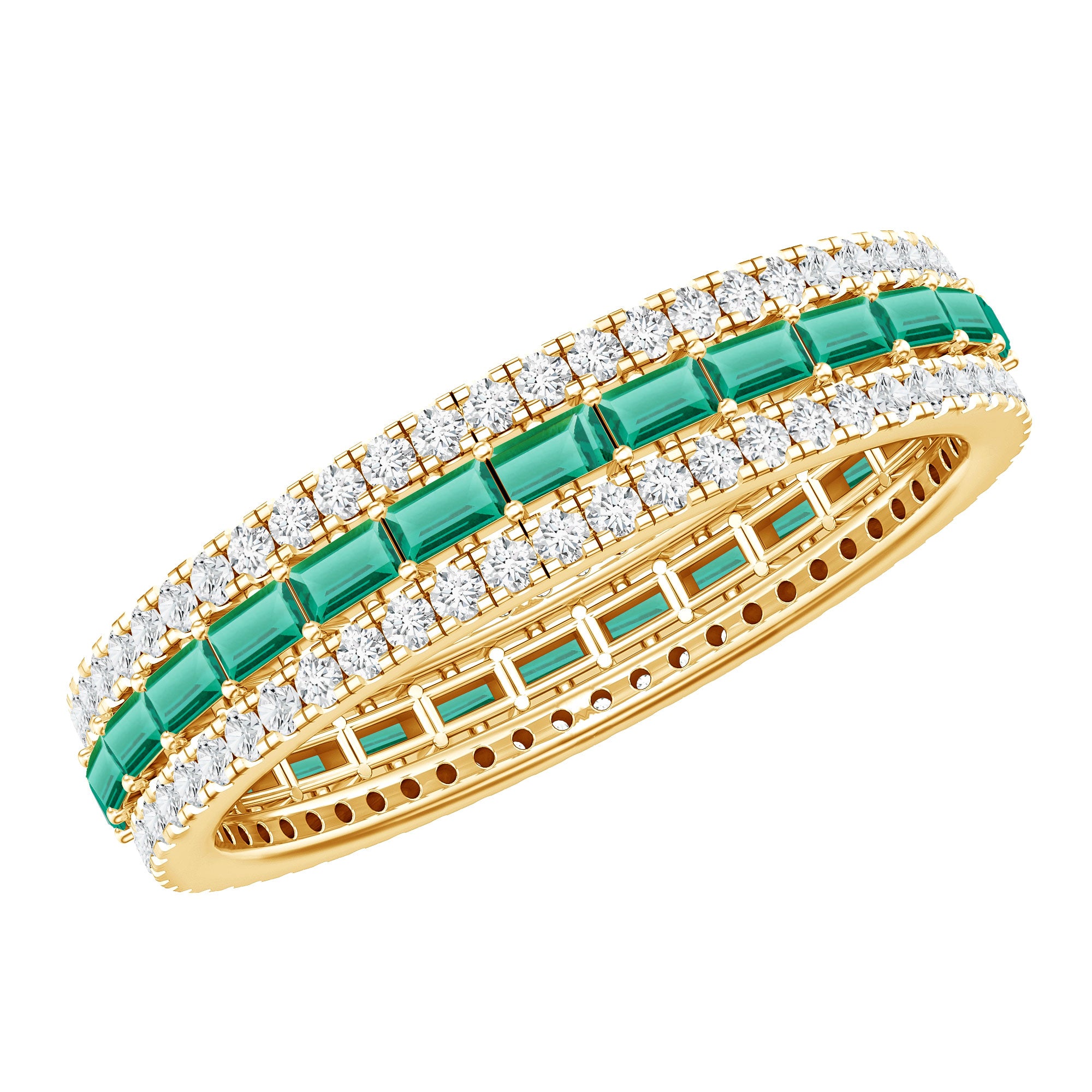 Baguette Cut Lab Grown Emerald and Moissanite Wedding Band AAAA - Rosec Jewels